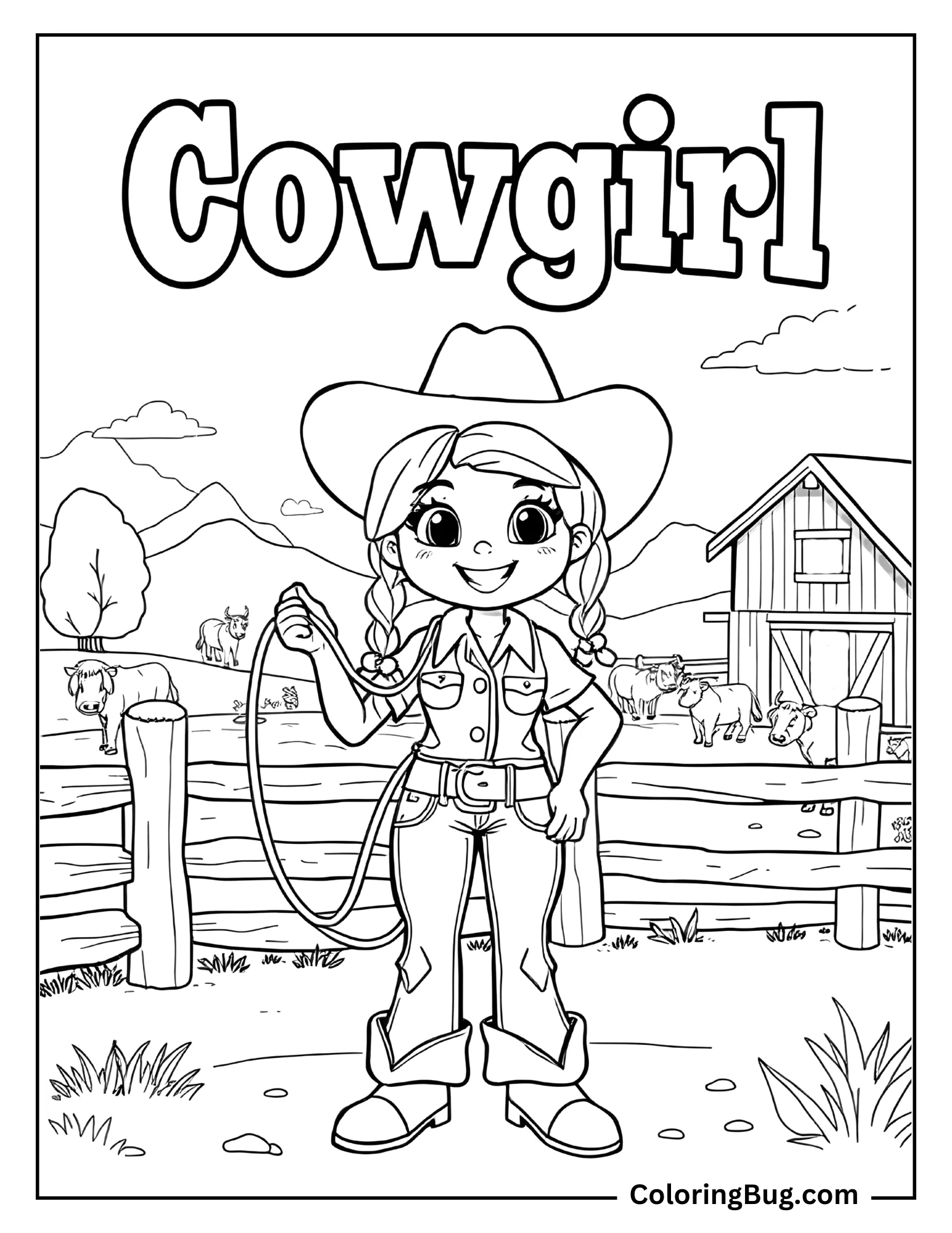 Coloring page of a cheerful cowgirl with braids and a wide hat, holding a lasso in one hand, standing in front of a ranch. The scene includes a wooden fence, barn, and grazing cows in the background. The word "Cowgirl" is written prominently at the top of the page.