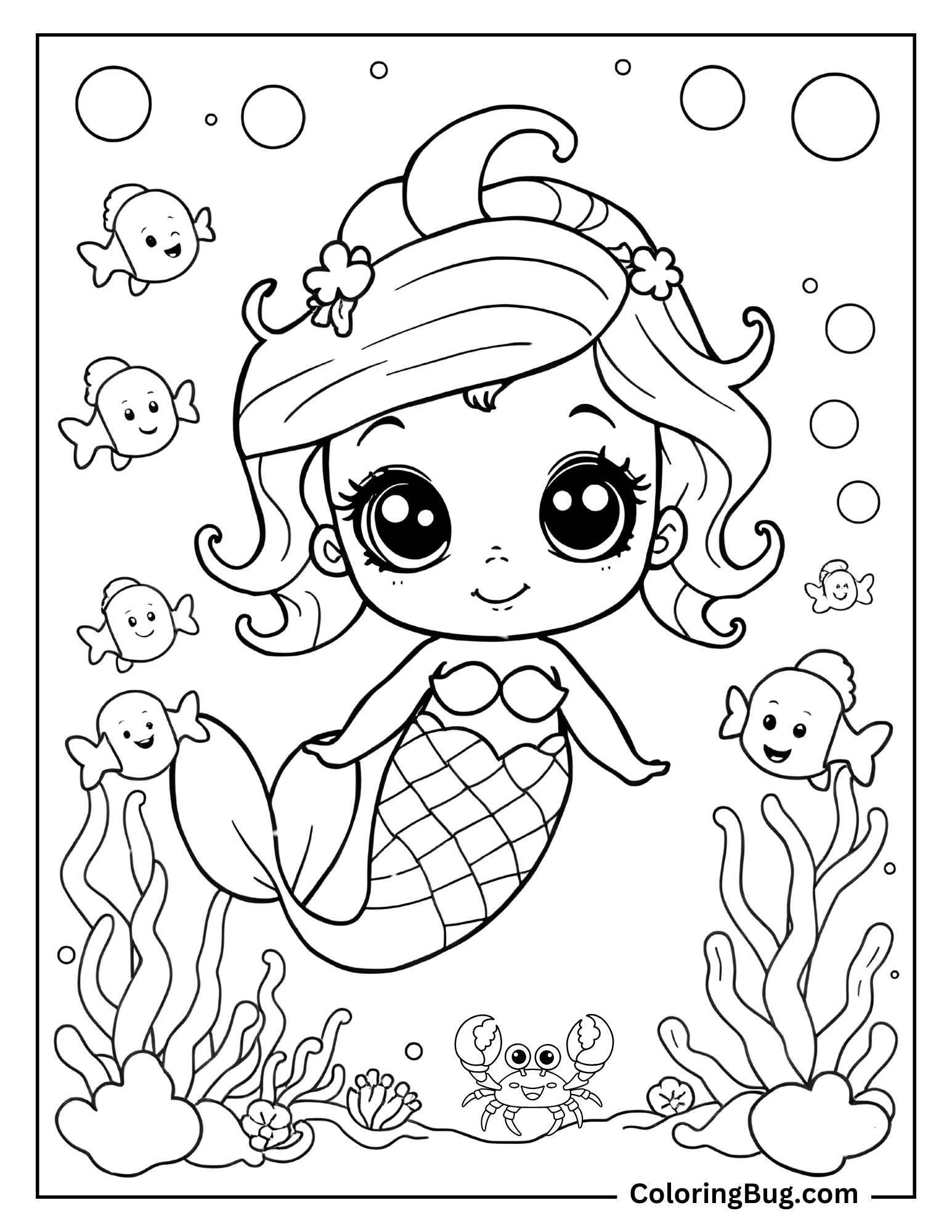 Coloring page of a cute baby mermaid surrounded by smiling fish and a happy little crab at the ocean floor.