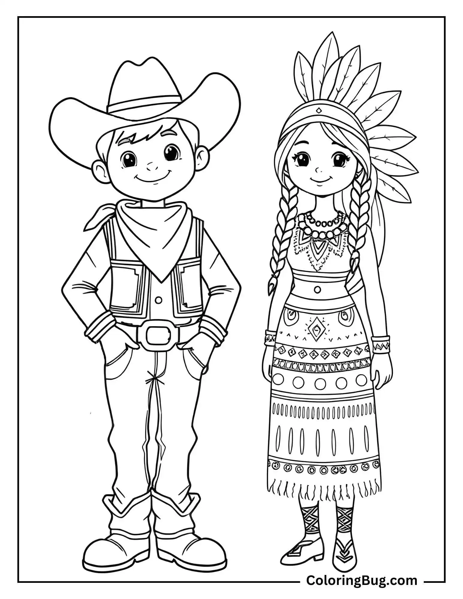 Coloring page of a cute cowboy and Native American woman standing side by side. The characters have friendly expressions and detailed outfits.