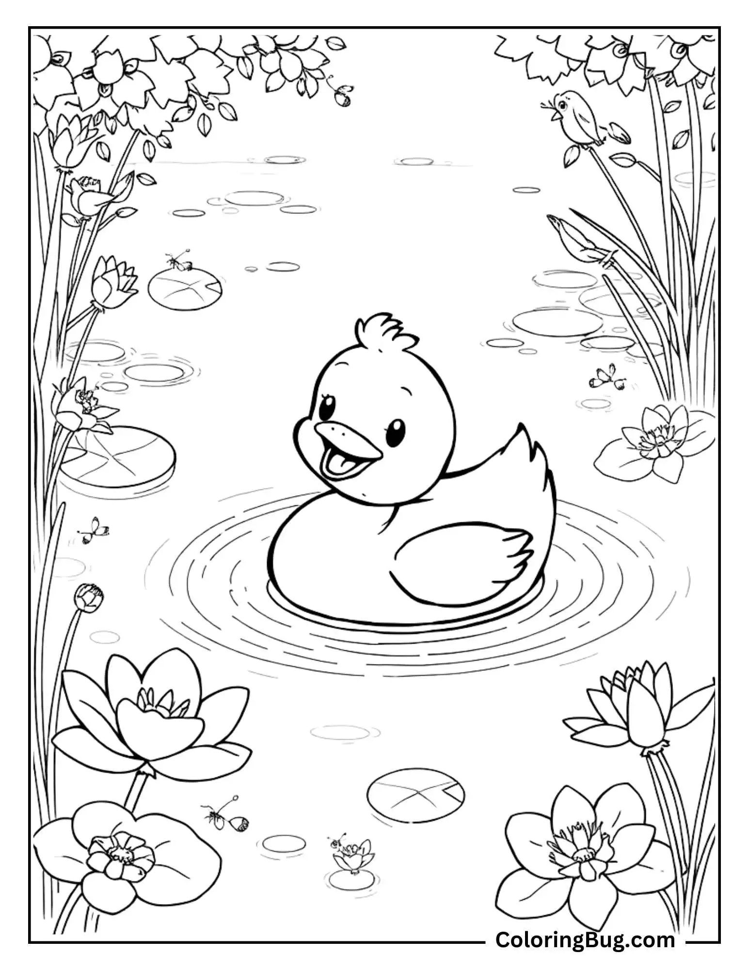 Coloring page of a cute duckling happily swimming in a pond surrounded by blooming flowers, lily pads, and reeds, with birds and insects adding a lively touch to the serene water scene.