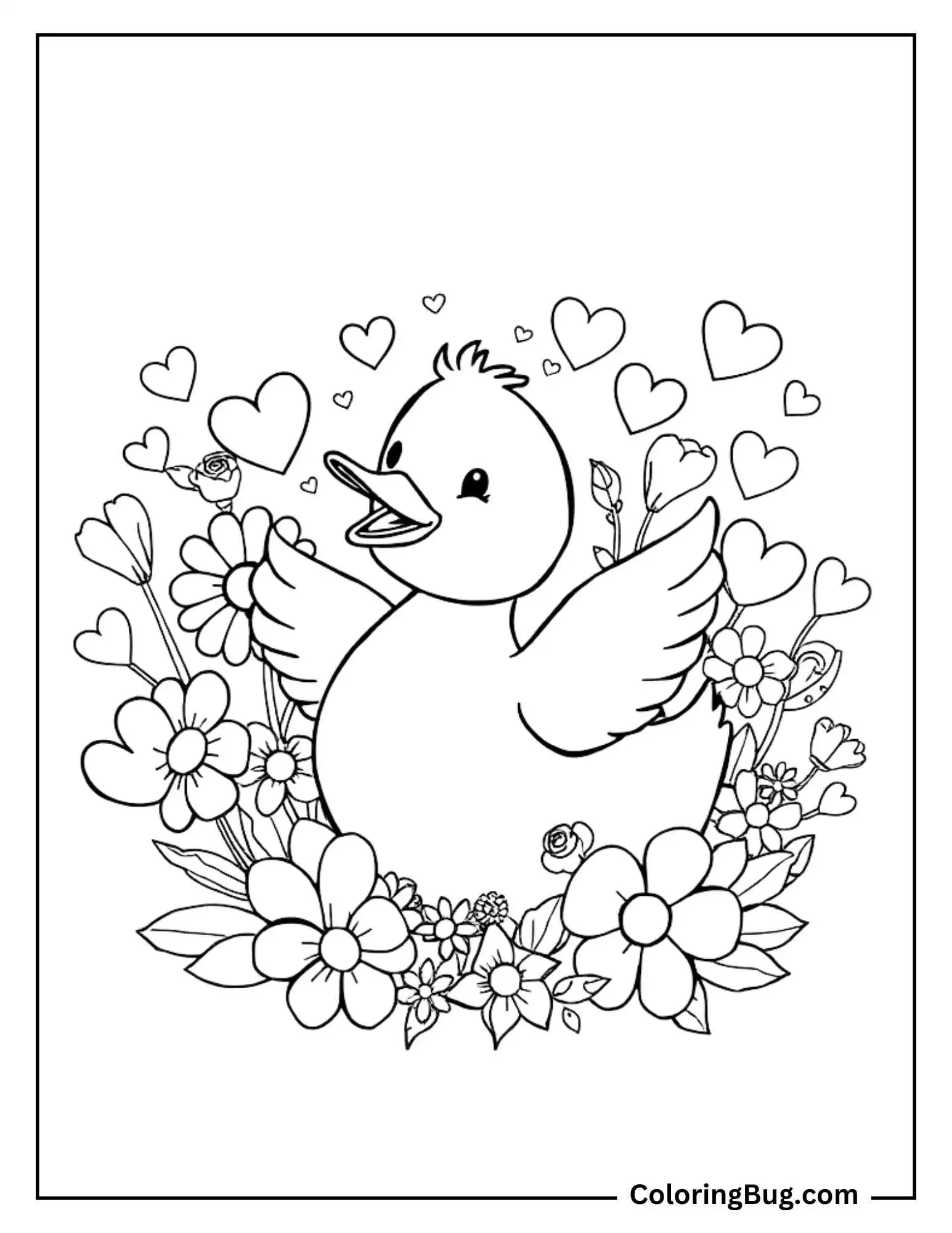 A charming coloring page showcasing a happy duck with spread wings, surrounded by blooming flowers and hearts floating around, creating a joyful and affectionate scene.