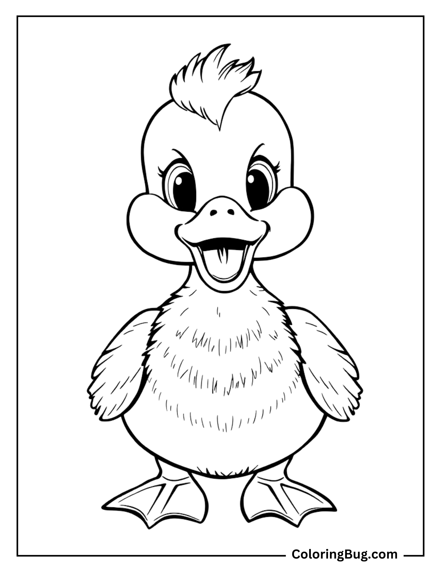 Coloring page of a cheerful, adorable duckling standing upright with a big smile. The duckling has soft, fluffy feathers and expressive, round eyes, giving it a playful and welcoming appearance.