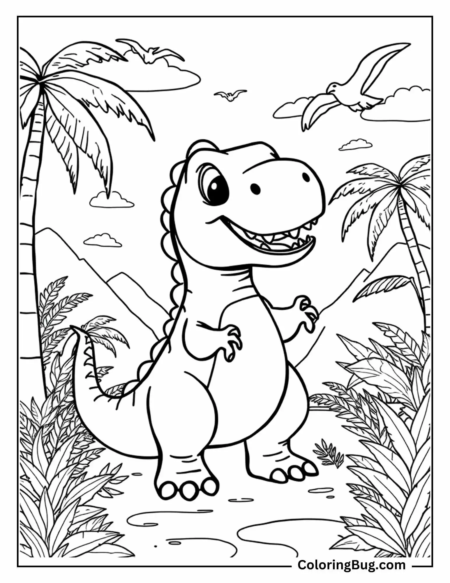 A cute cartoon T-Rex stands smiling in a jungle scene with palm trees, plants, and mountains in the background. A couple of pterodactyls and clouds are visible in the sky.