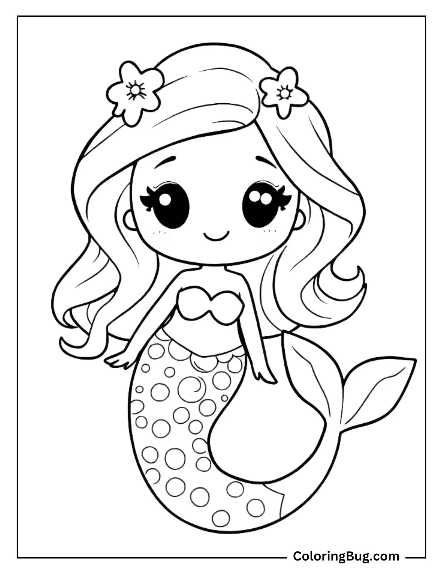 Coloring page featuring a cute, big-eyed mermaid with long hair adorned with flowers. She has a heart-shaped top and a tail with large circular patterns.