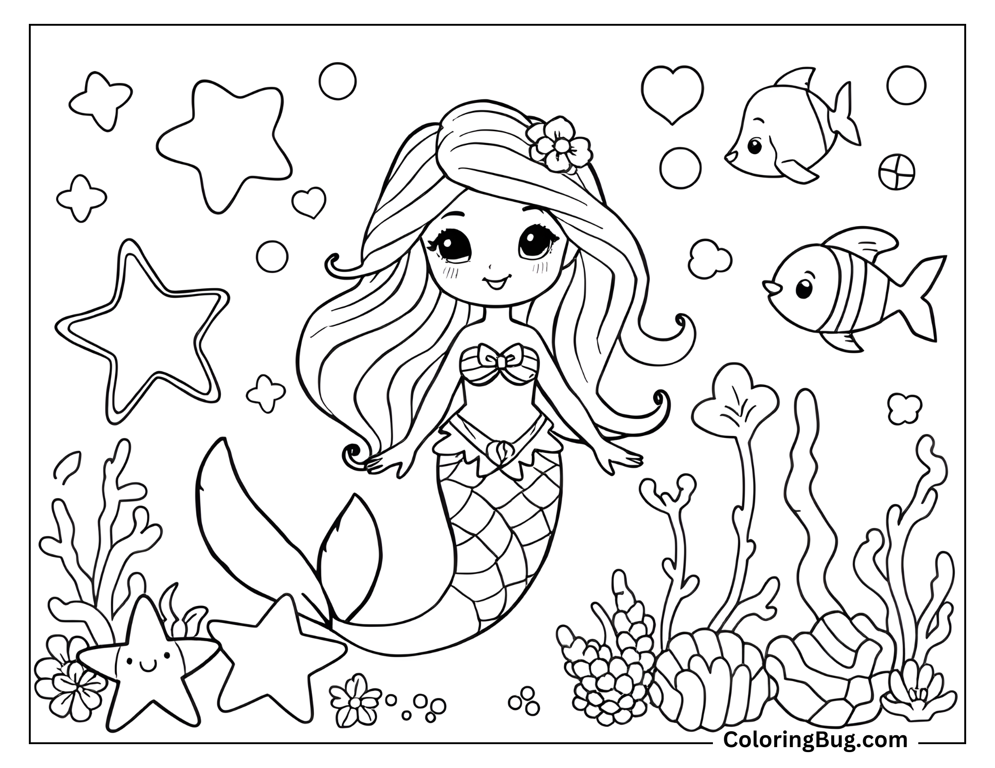 Coloring page that features a cute mermaid surrounded by fish, coral, and smiling starfish. The background is filled with playful shapes like bubbles and hearts, creating a lively underwater scene.