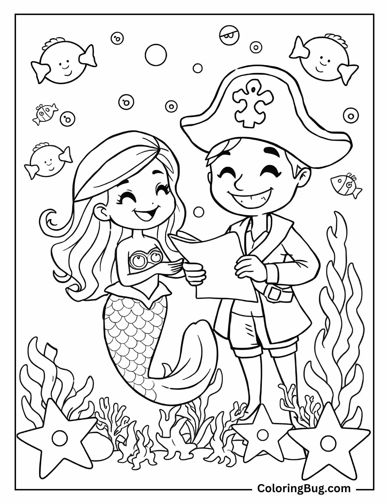 Coloring page featuring a smiling mermaid and pirate holding a treasure map together, surrounded by underwater creatures and sea plants. The pirate wears a hat with a skull emblem, and the scene includes starfish and bubbles.