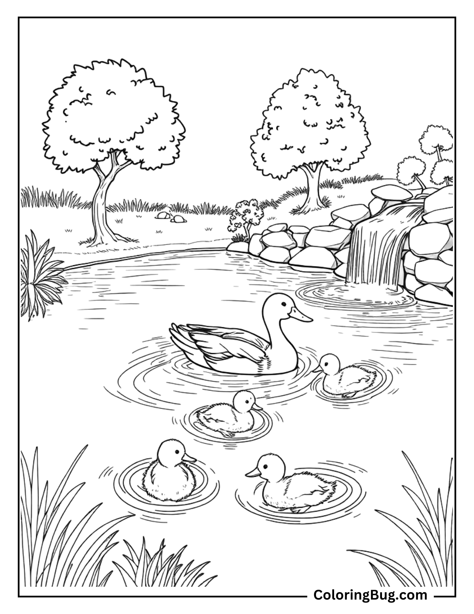 Coloring page of a peaceful pond scene featuring a mother duck gracefully swimming with her four ducklings. The background includes trees and a small waterfall flowing over rocks, creating a serene, nature-inspired setting.