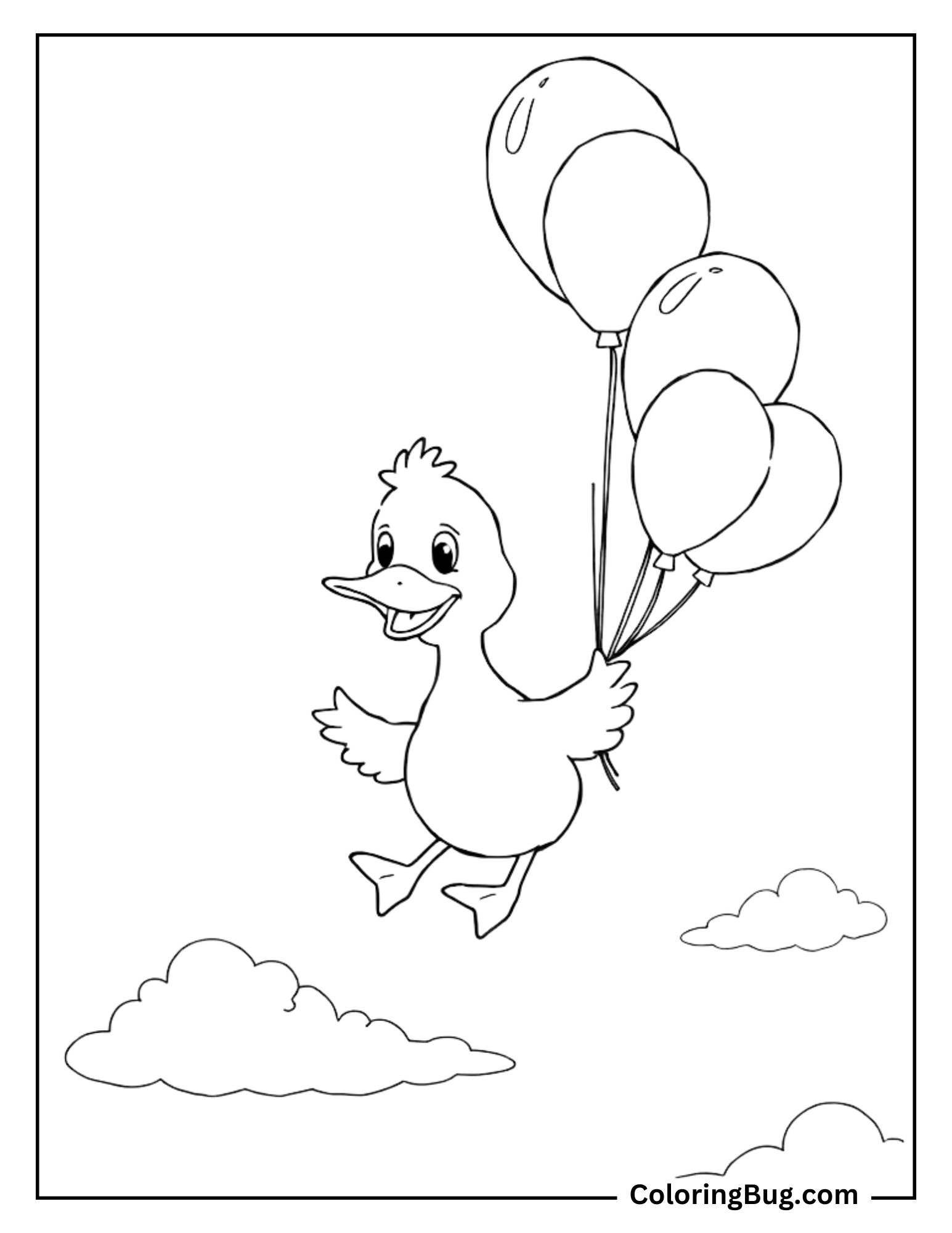 
Coloring page of a cheerful duck floating through the sky, clutching a bunch of balloons. The scene is simple and playful, with a few fluffy clouds scattered around, giving the impression of a carefree duck enjoying a breezy adventure up high.