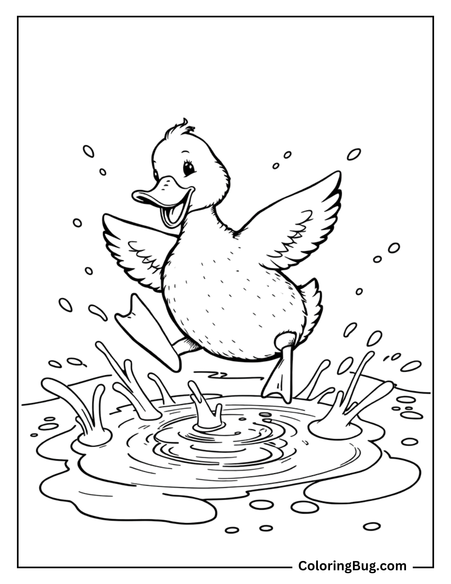 Coloring page of a joyful duck jumping into a puddle, creating big splashes around. The duck is mid-air with wings spread and an excited expression, capturing the lively moment as water droplets fly.