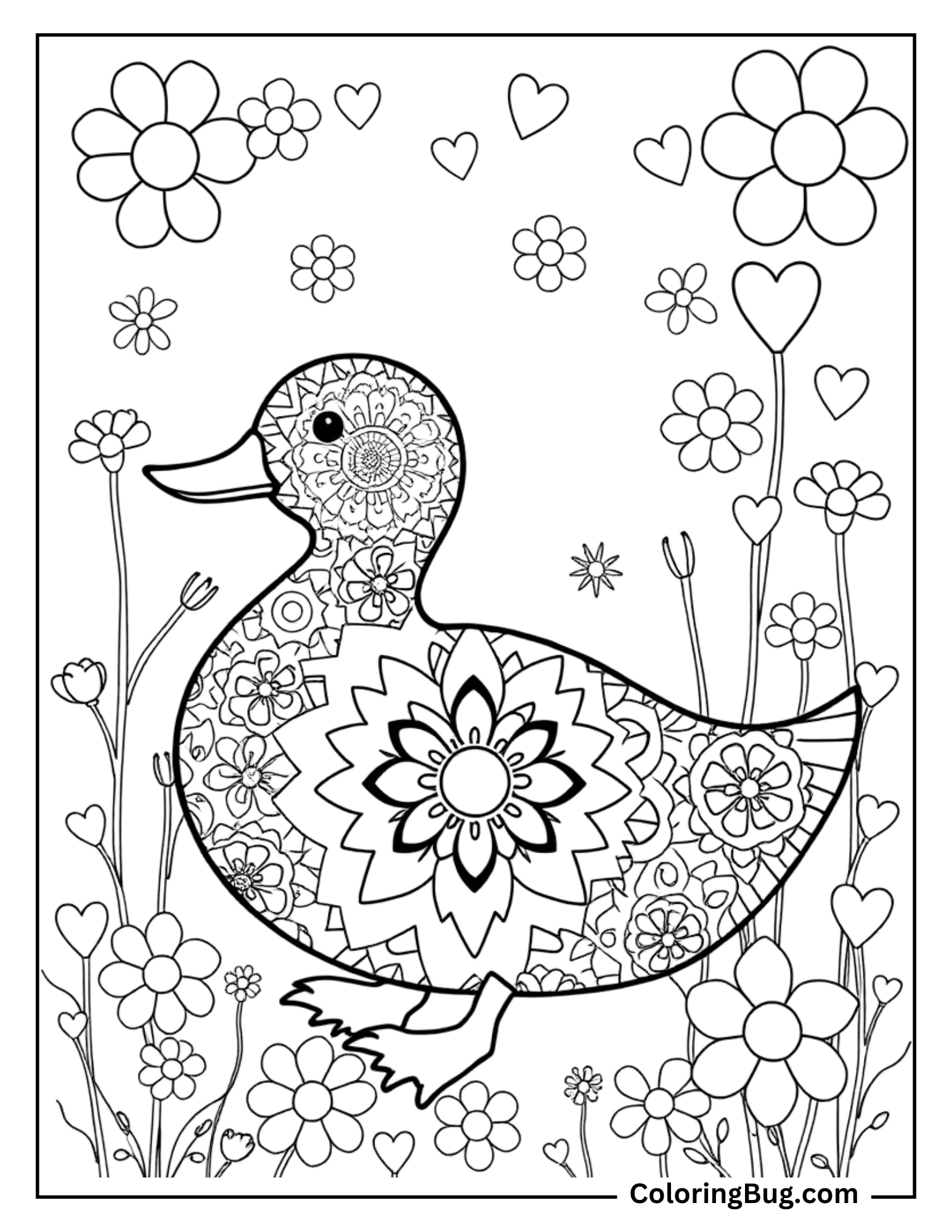 Coloring page of a duck filled with intricate mandala patterns, surrounded by an array of blooming flowers and floating hearts. The design combines detailed mandala shapes within the duck's outline and adds whimsical floral and heart elements around it, offering a playful yet sophisticated coloring experience.