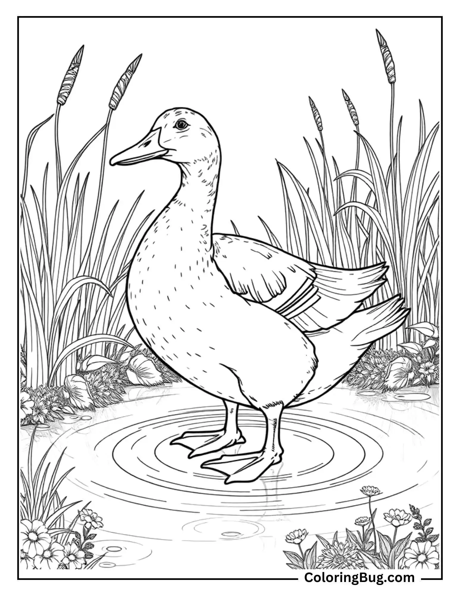 A realistic coloring page depicting a duck standing gracefully in a pond surrounded by tall cattails and blooming flowers, creating a serene natural scene.