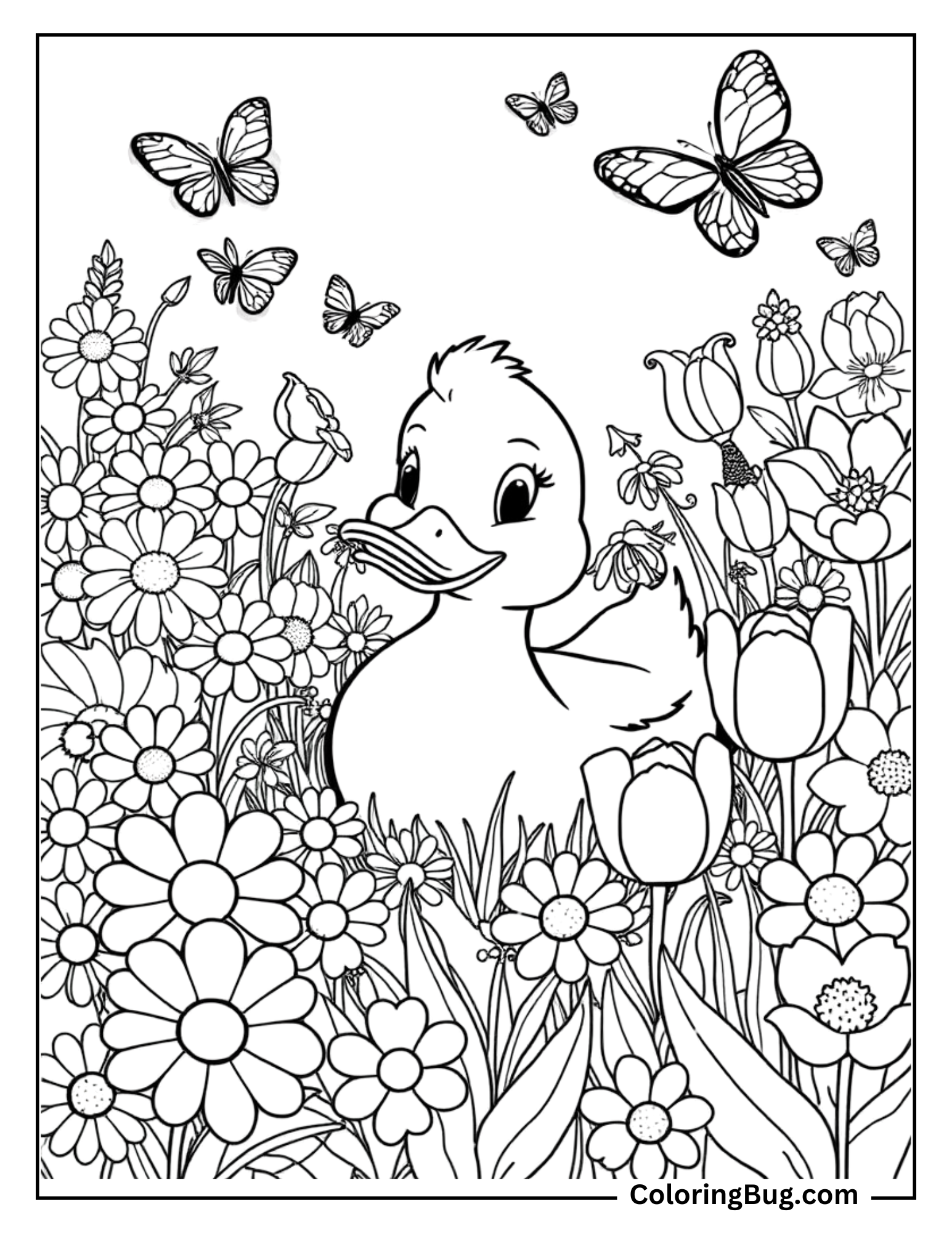 Coloring page of a duck nestled among tall, blossoming flowers, with butterflies flying above. The scene captures the duck enjoying a peaceful moment in a meadow filled with daisies, tulips, and other flowers, creating a serene and nature-filled atmosphere.