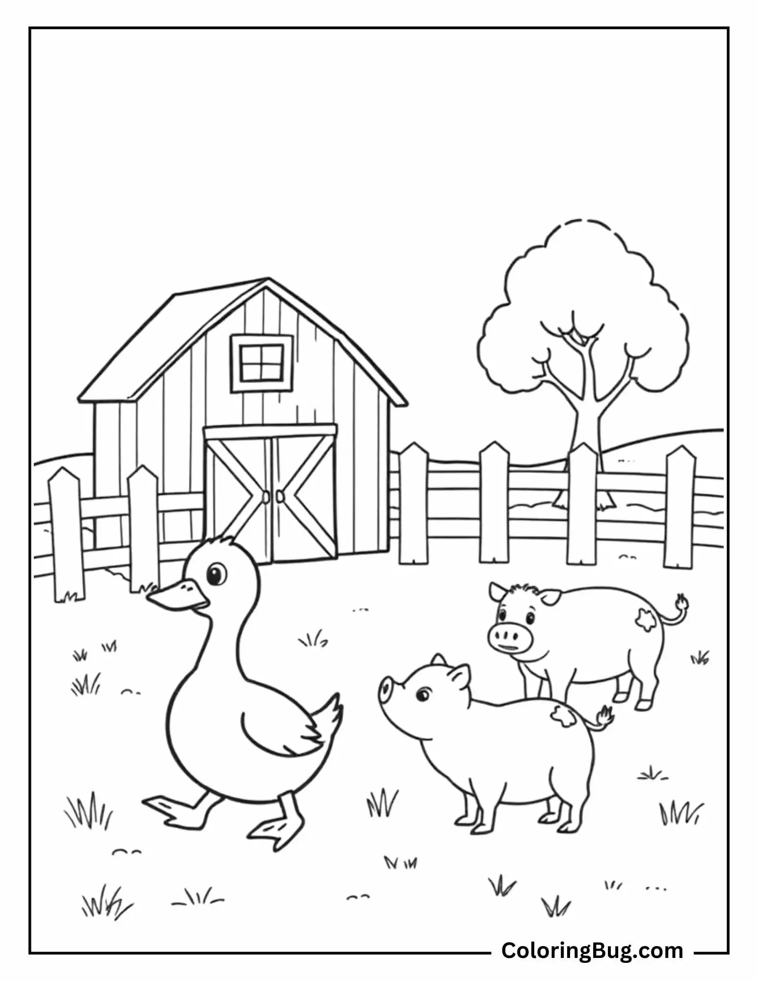 Coloring page of a farm scene with a duck walking in the grass, followed by two cheerful pigs. In the background, there is a barn, a tree, and a fenced area, adding to the cozy, pastoral atmosphere of the farmyard.