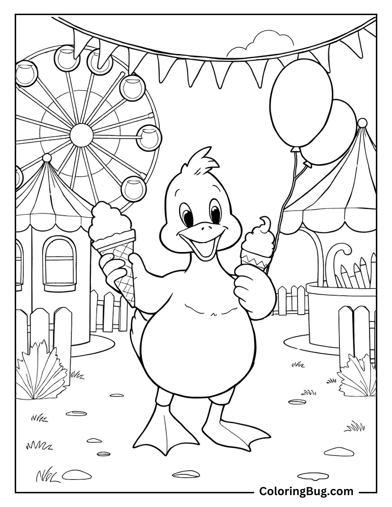 Coloring page of a cheerful duck at a fairground, holding two ice cream cones and a balloon. The background features a Ferris wheel, a tent, and bunting, adding to the festive atmosphere.
