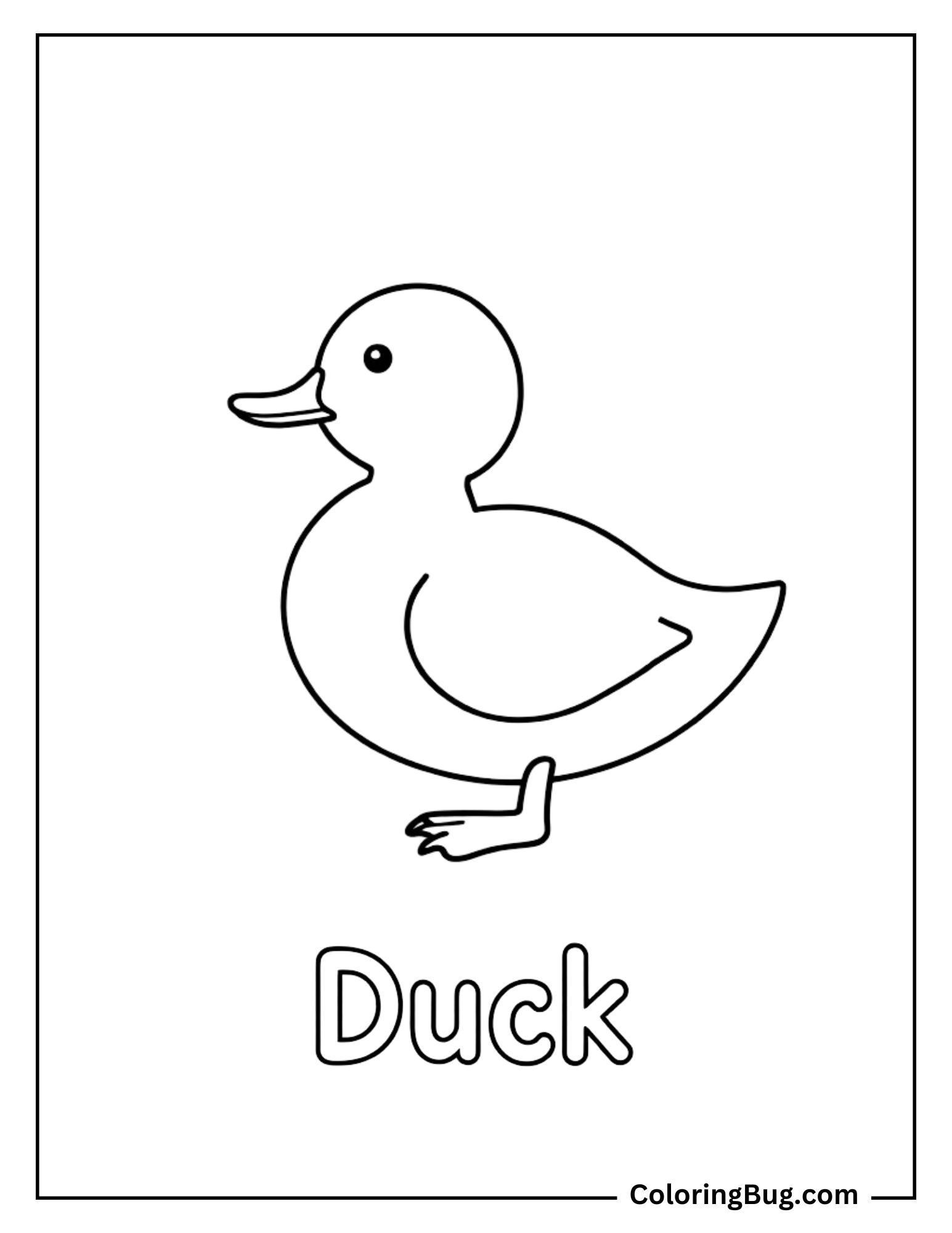 Coloring page of a simple, cartoon-style duck with the word 'Duck' written below. Ideal for young children learning animals and practicing coloring.