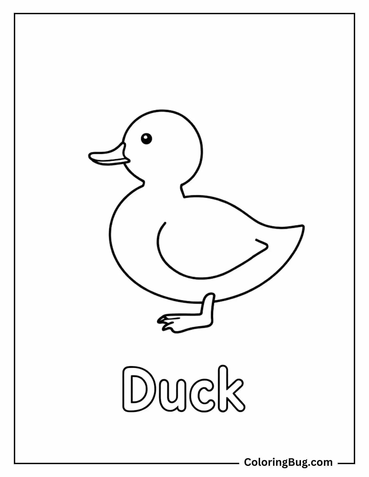Coloring page of a simple, cartoon-style duck with the word 'Duck' written below. Ideal for young children learning animals and practicing coloring.