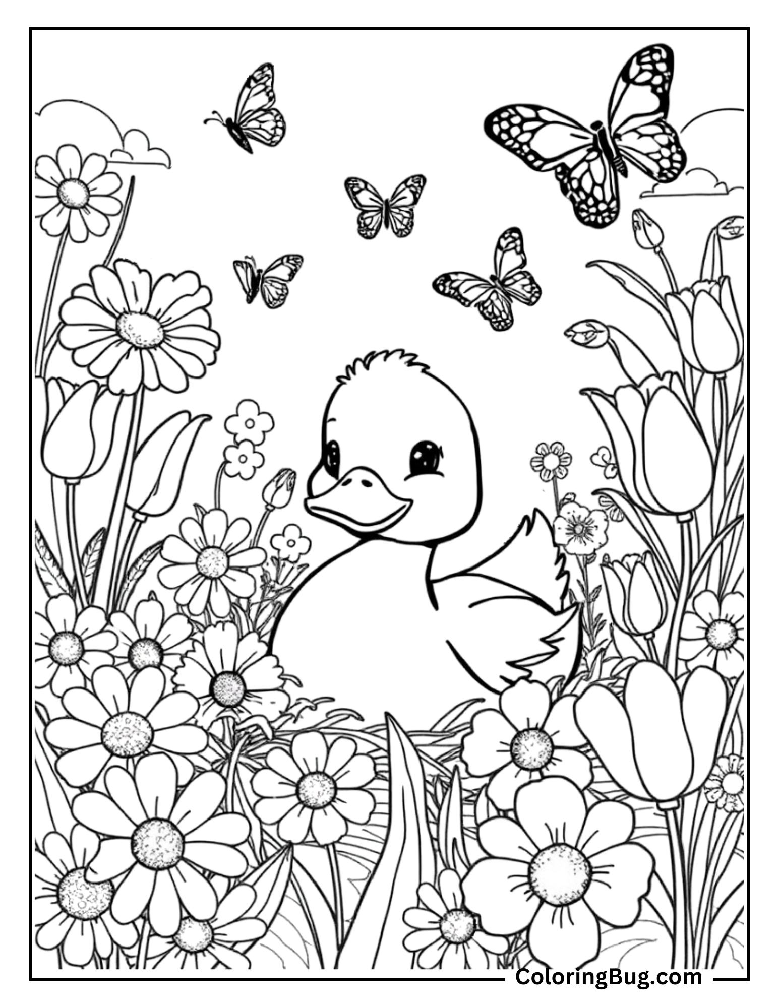 
Coloring page of a duck surrounded by a vibrant flower meadow, with butterflies fluttering above. The scene is filled with various blooming flowers, creating a cheerful and lively atmosphere.