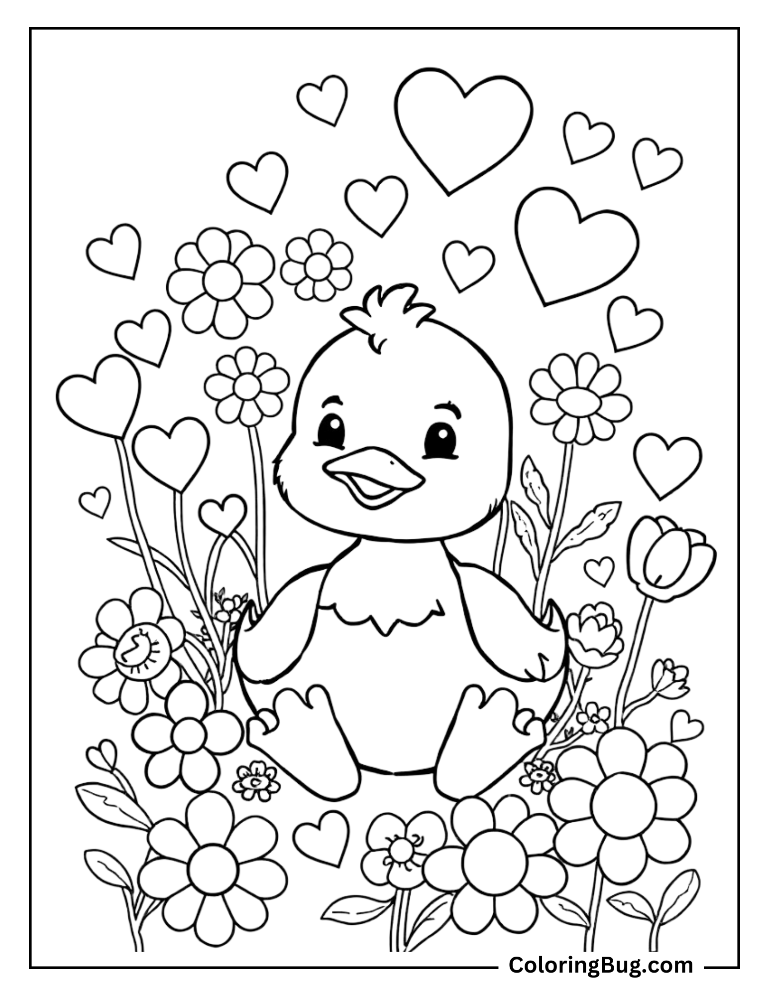 Coloring page of a cheerful duckling sitting among flowers, surrounded by floating hearts.