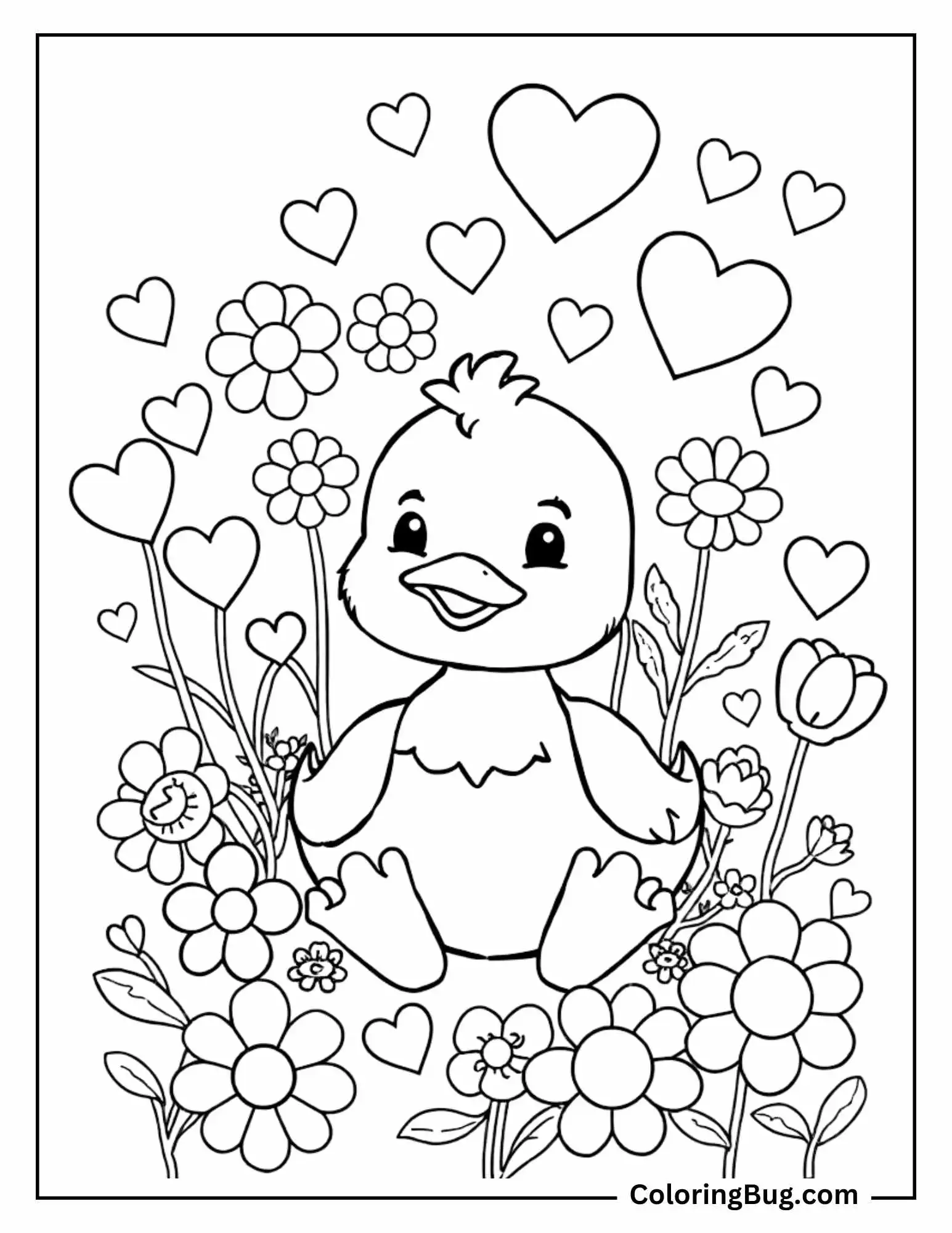 Coloring page of a cheerful duckling sitting among flowers, surrounded by floating hearts.