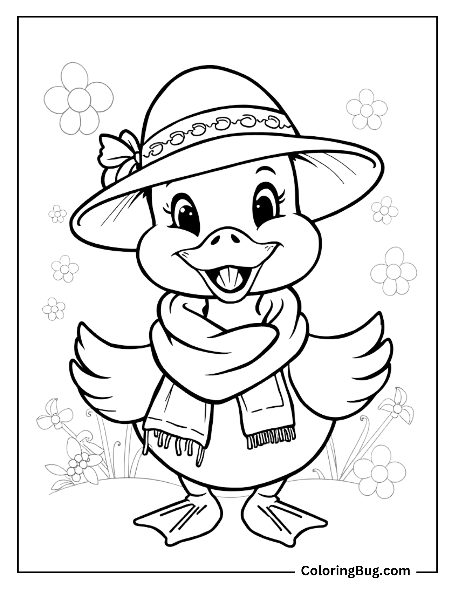 Coloring page of an adorable duck wearing a wide-brimmed hat decorated with a flower and a cozy scarf around its neck. The duck stands with a cheerful expression, surrounded by a few scattered flowers in the background.