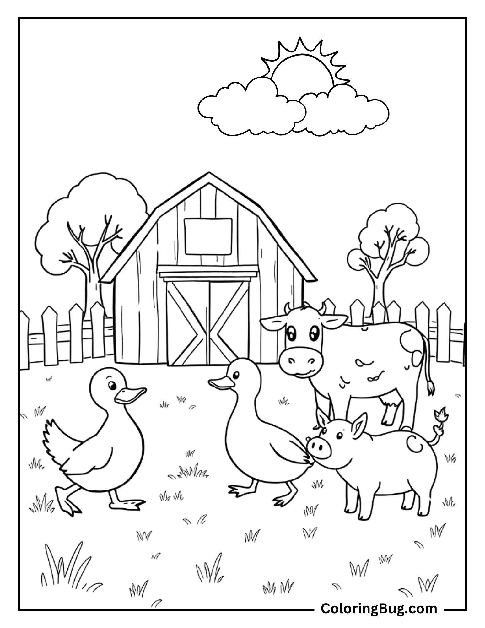 Coloring page of a sunny farm scene with two ducks walking in the grass, a friendly cow, and a small pig nearby. The scene includes a large barn in the background, surrounded by trees and a picket fence, creating a peaceful farm atmosphere.
