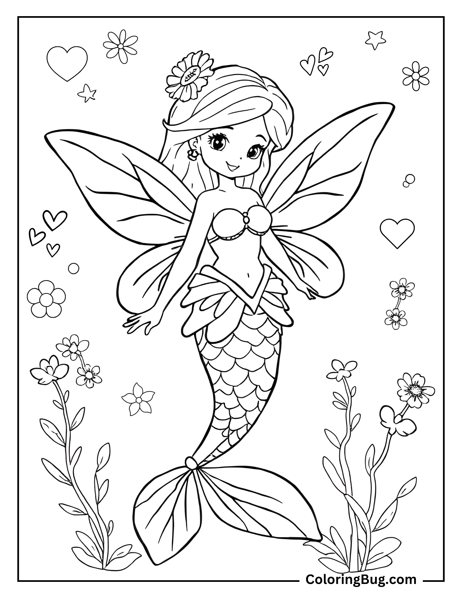 Coloring page of a charming fairy mermaid with delicate wings and underwater floral details.