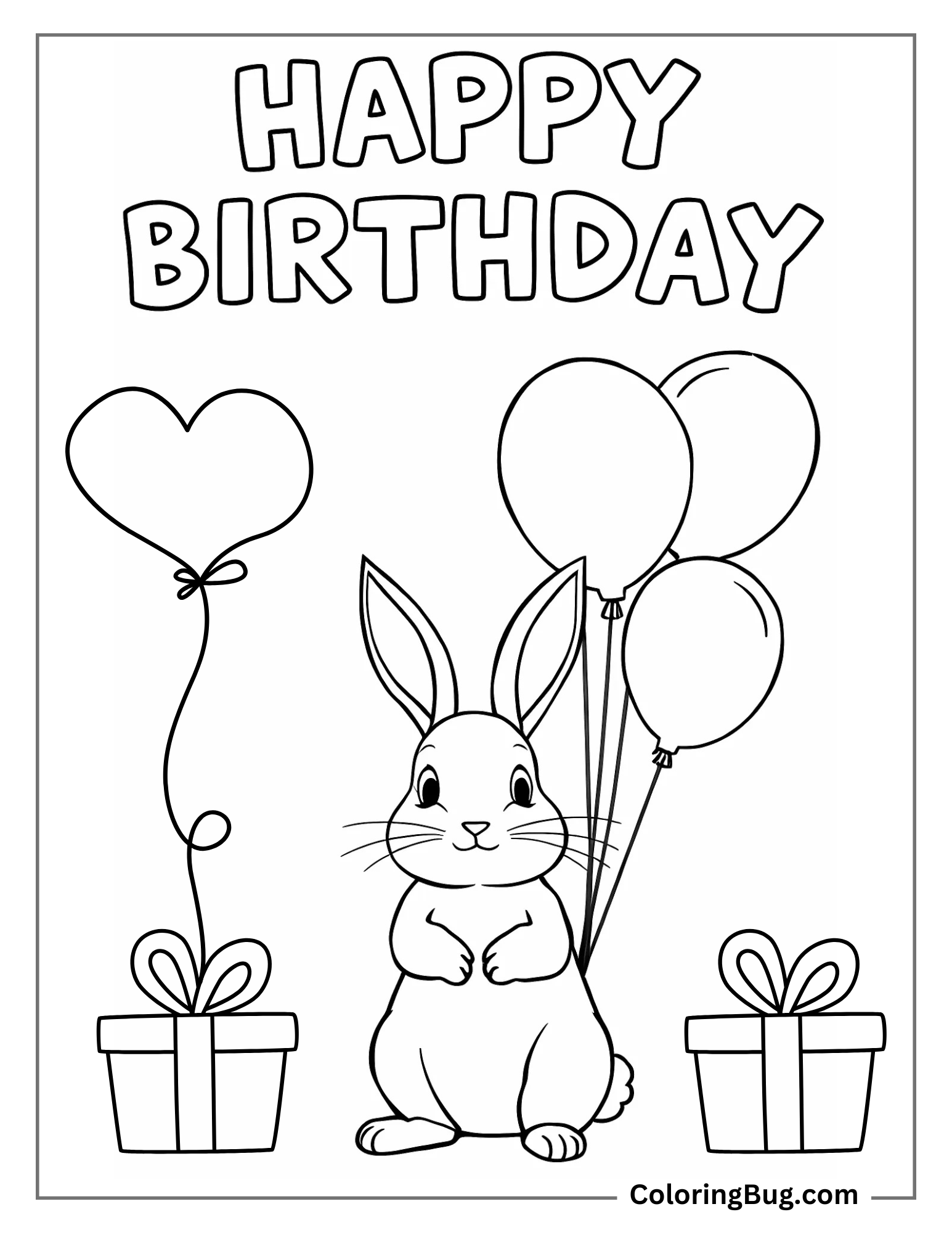 Happy Birthday Bunny Rabbit With Balloons And Text Coloring Sheet