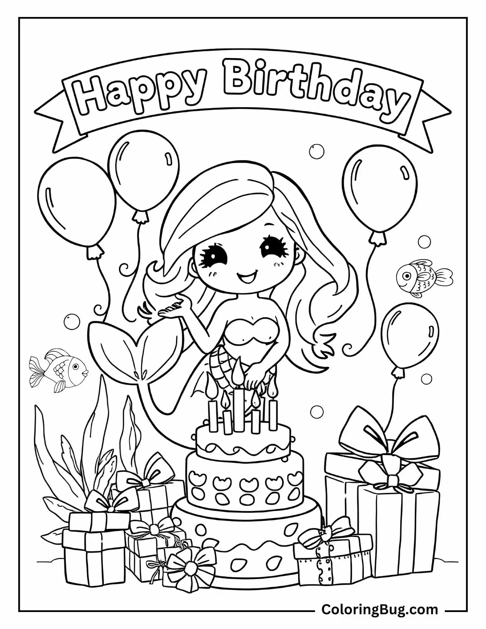 Coloring page of a cheerful mermaid celebrating a birthday, sitting on a decorated cake with candles. She is surrounded by balloons, presents, and fish, under a 'Happy Birthday' banner.