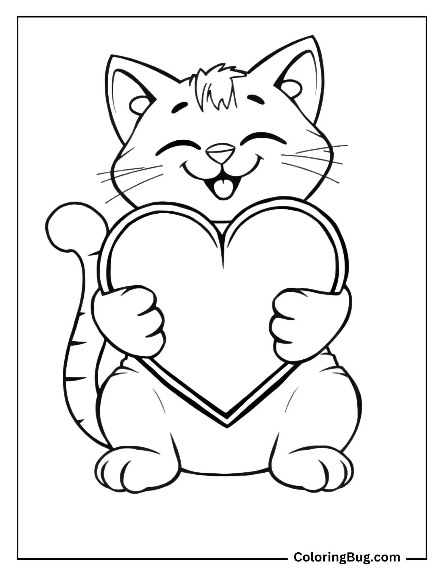 happy cat holding heart coloring sheet