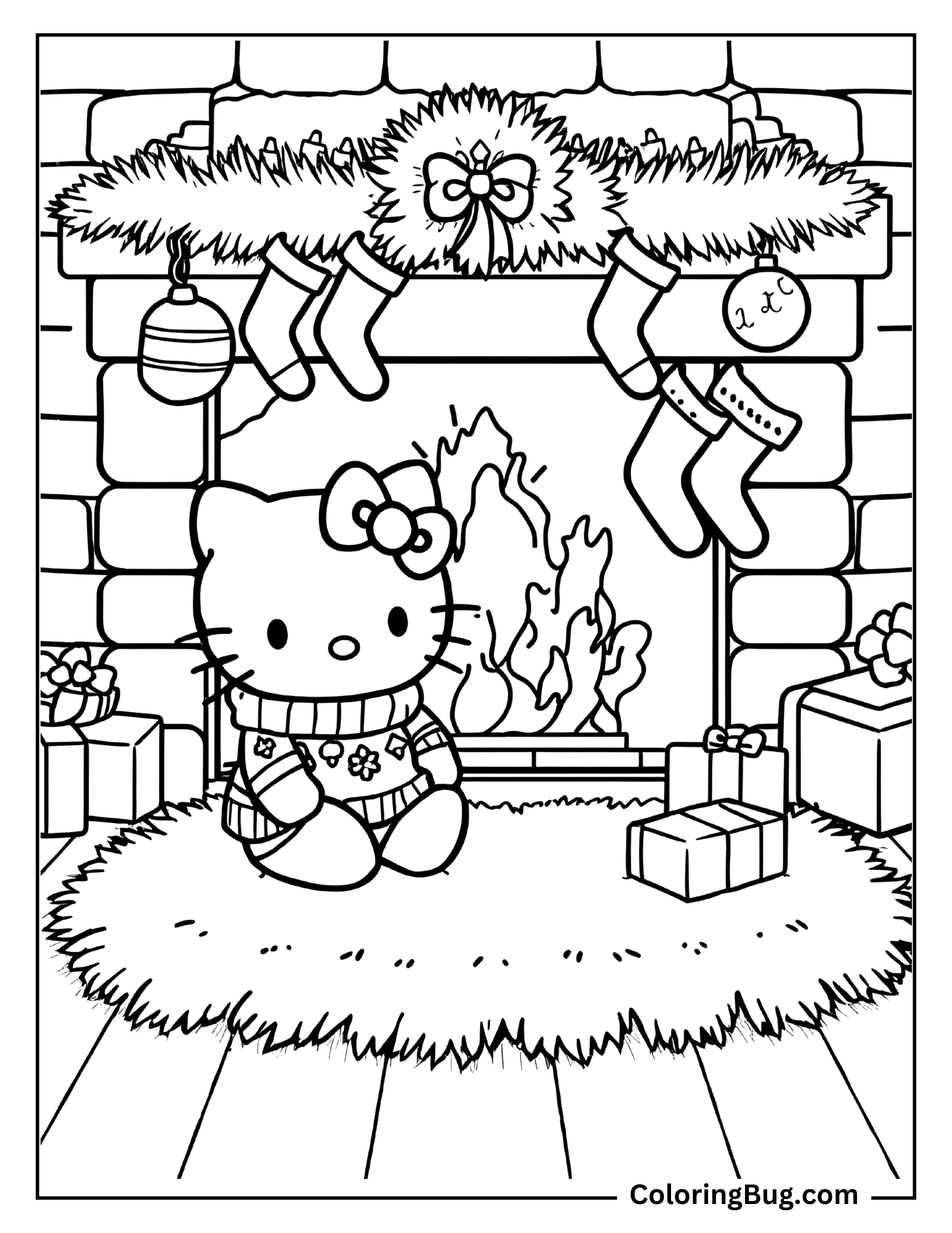 Hello Kitty Cozy Christmas Fireplace Coloring Page