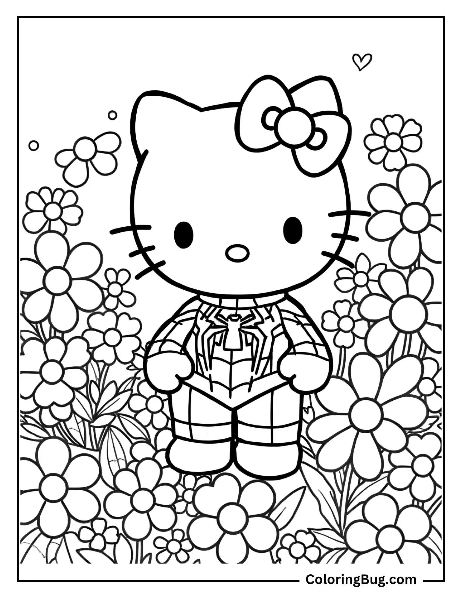 Hello Kitty Dressed as Spiderman with Flowers Coloring Page