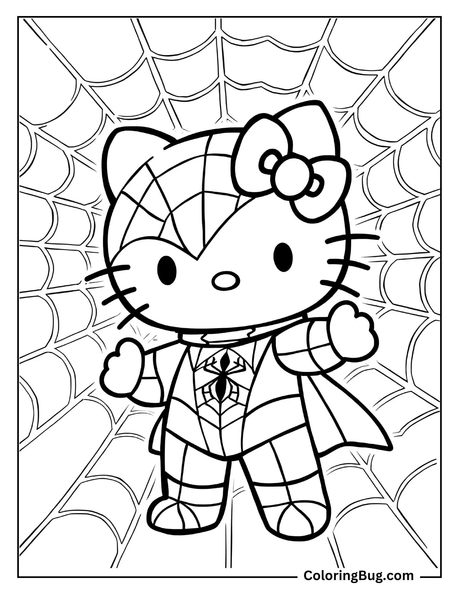 Hello Kitty Spiderman with Web Coloring Page