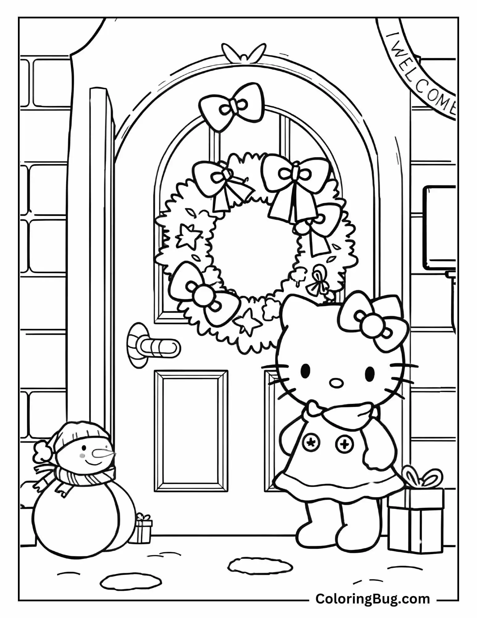 Hello Kitty with Christmas Wreath Coloring Page