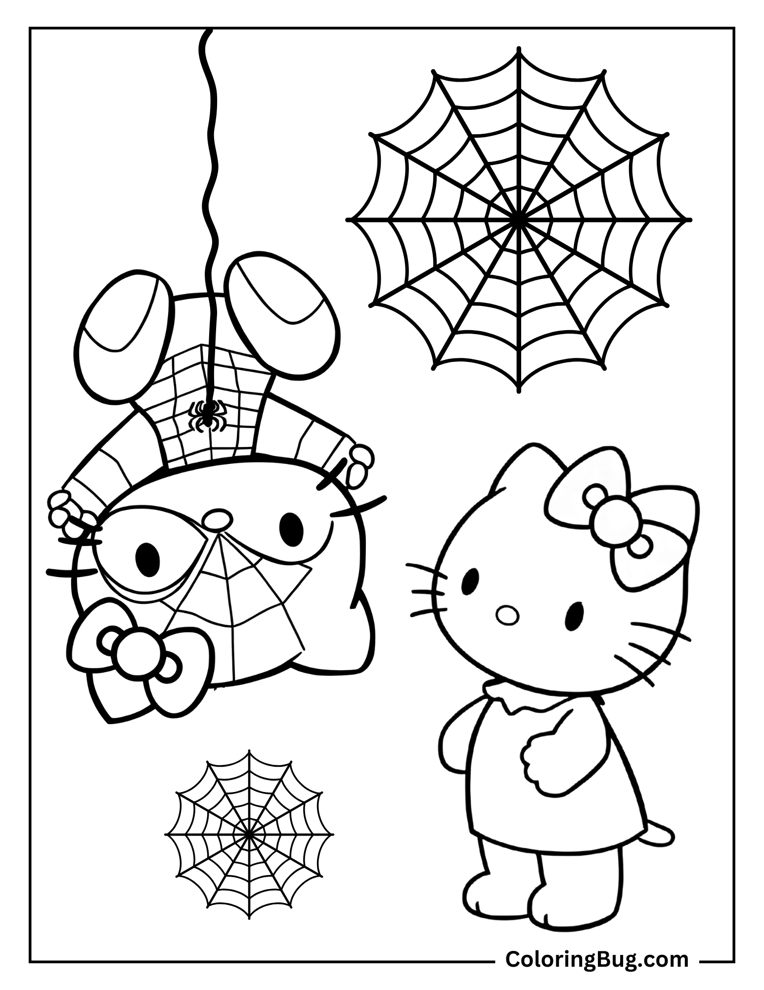 Hello Kitty with Hanging Spiderman Coloring Page