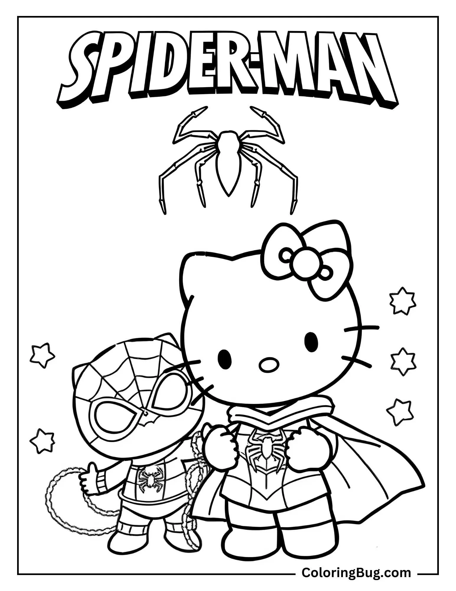 Hello Kitty with Mini Spiderman Coloring Page