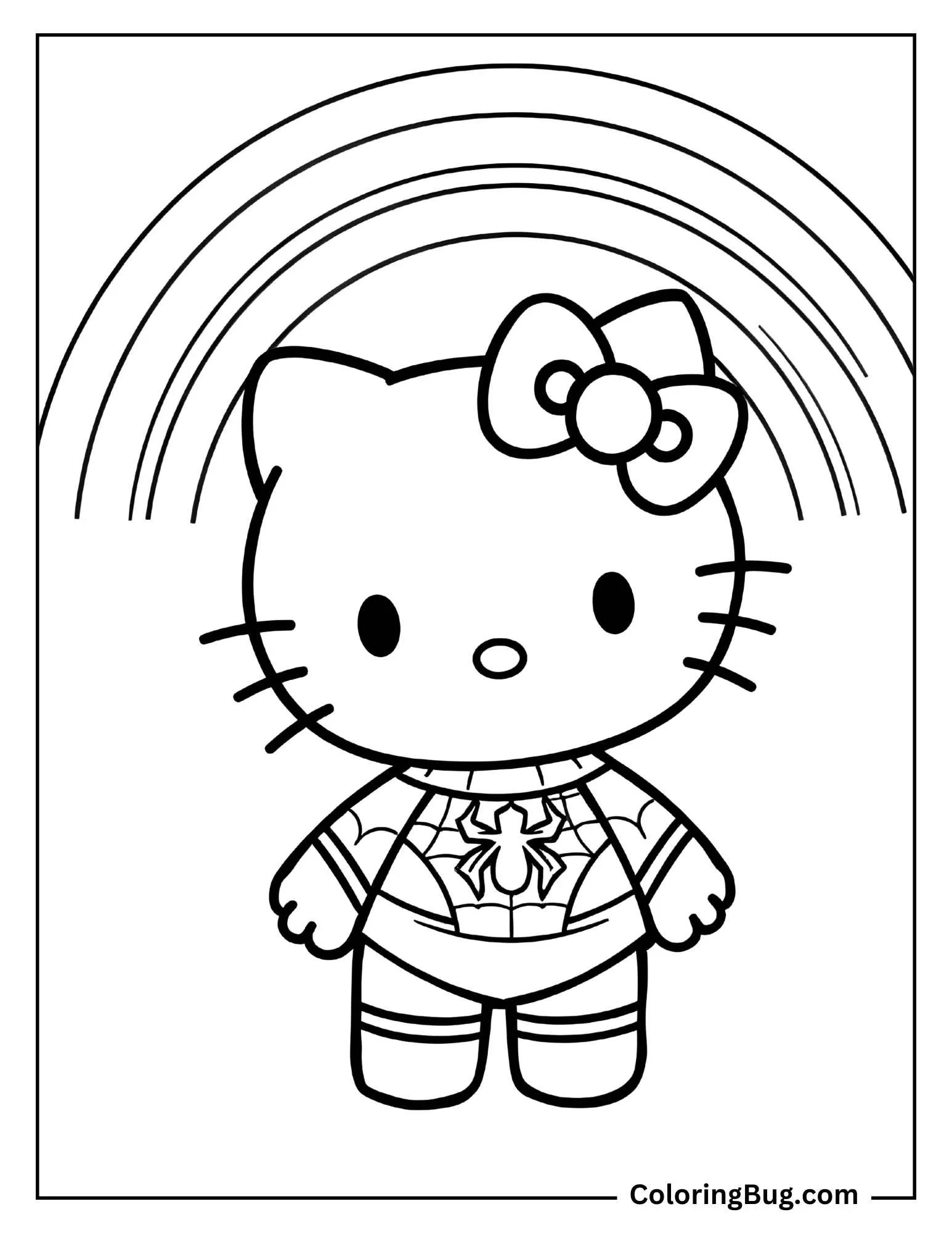 Hello Kitty with Spider Outfit and Rainbow Coloring Page