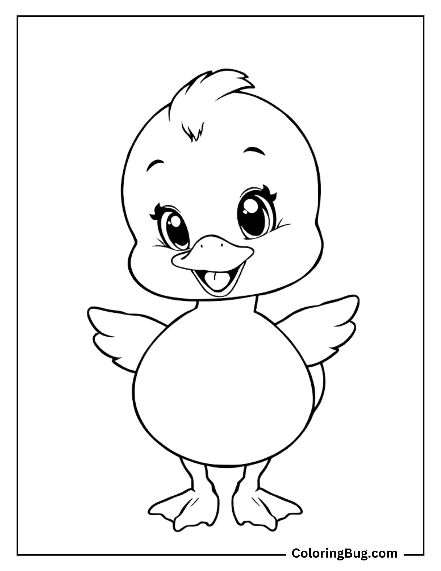 Coloring page of an adorable, smiling duckling with big eyes and tiny wings spread out. The simple background makes this cheerful character the perfect focus for young artists.