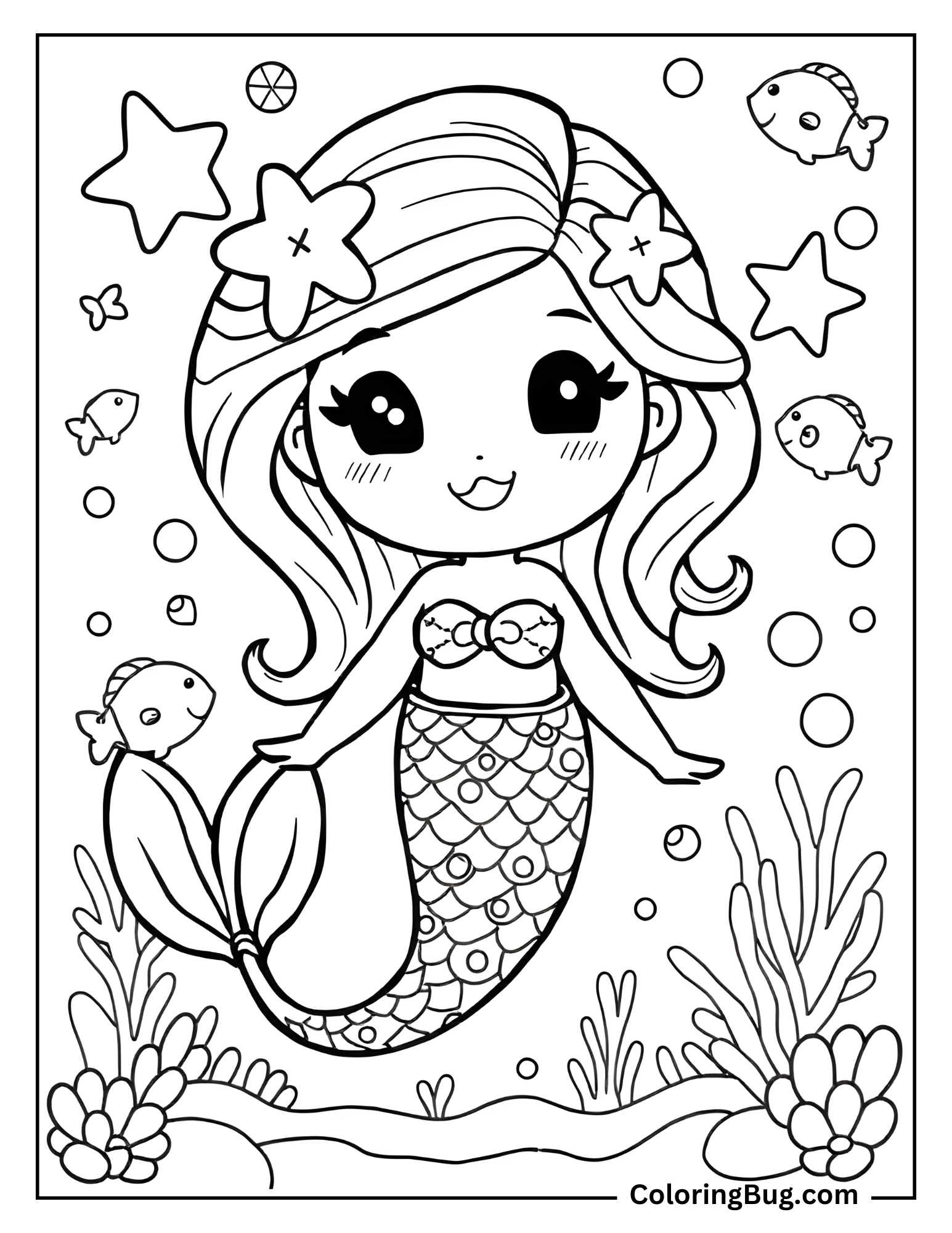 Coloring page featuring a kawaii mermaid with big, adorable eyes, decorated with starfish in her hair and surrounded by friendly fish, bubbles, and underwater plants.
