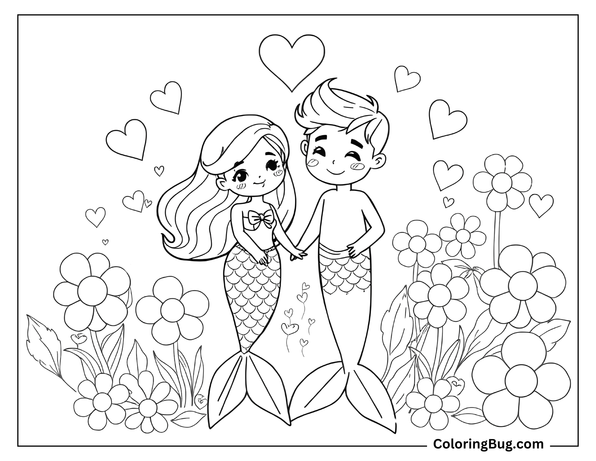 Coloring page that features a kawaii-style mermaid and merman holding hands, surrounded by hearts and large flowers,