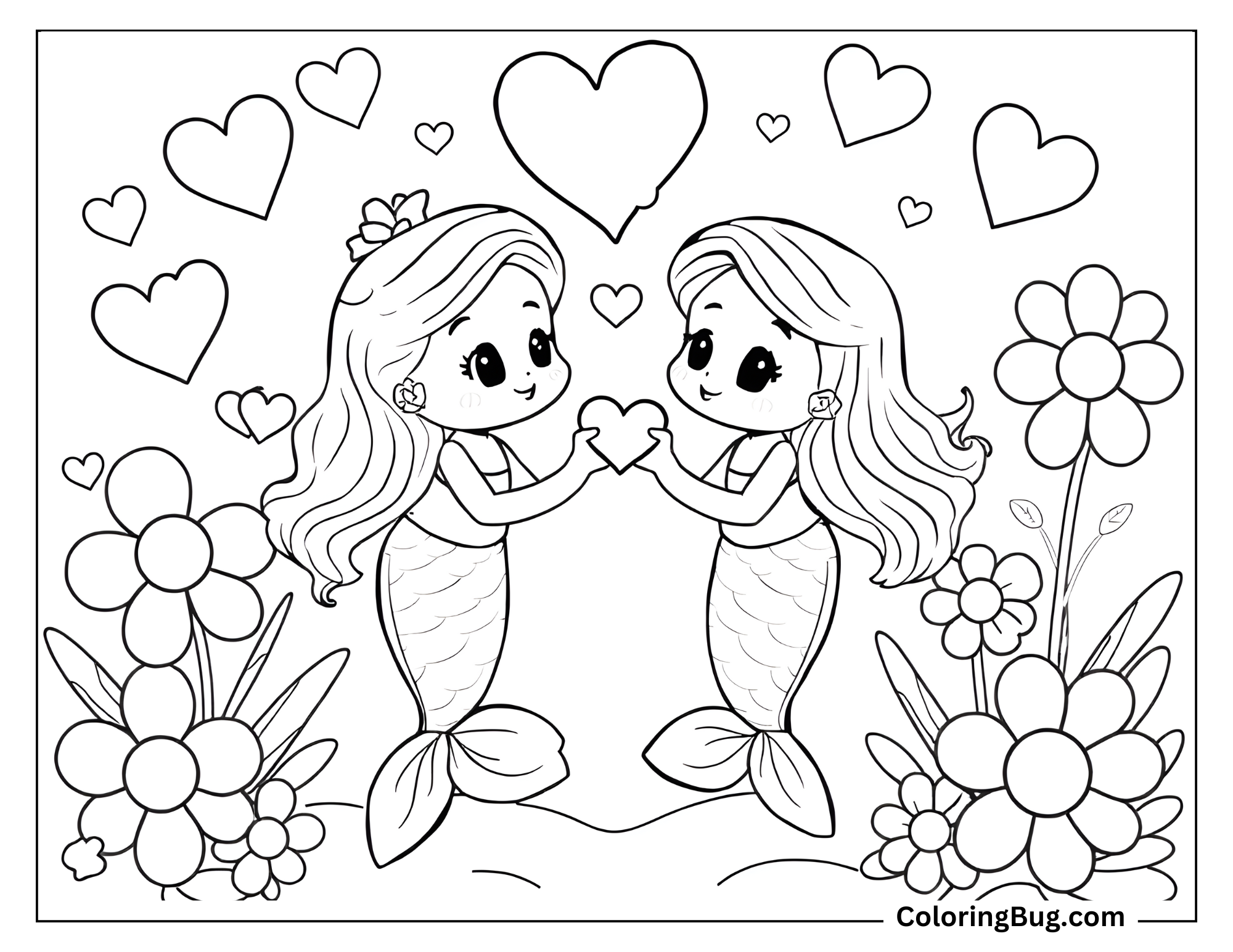 Coloring page that features two cute, kawaii-style mermaids holding a heart together, surrounded by hearts and large flowers in the background.