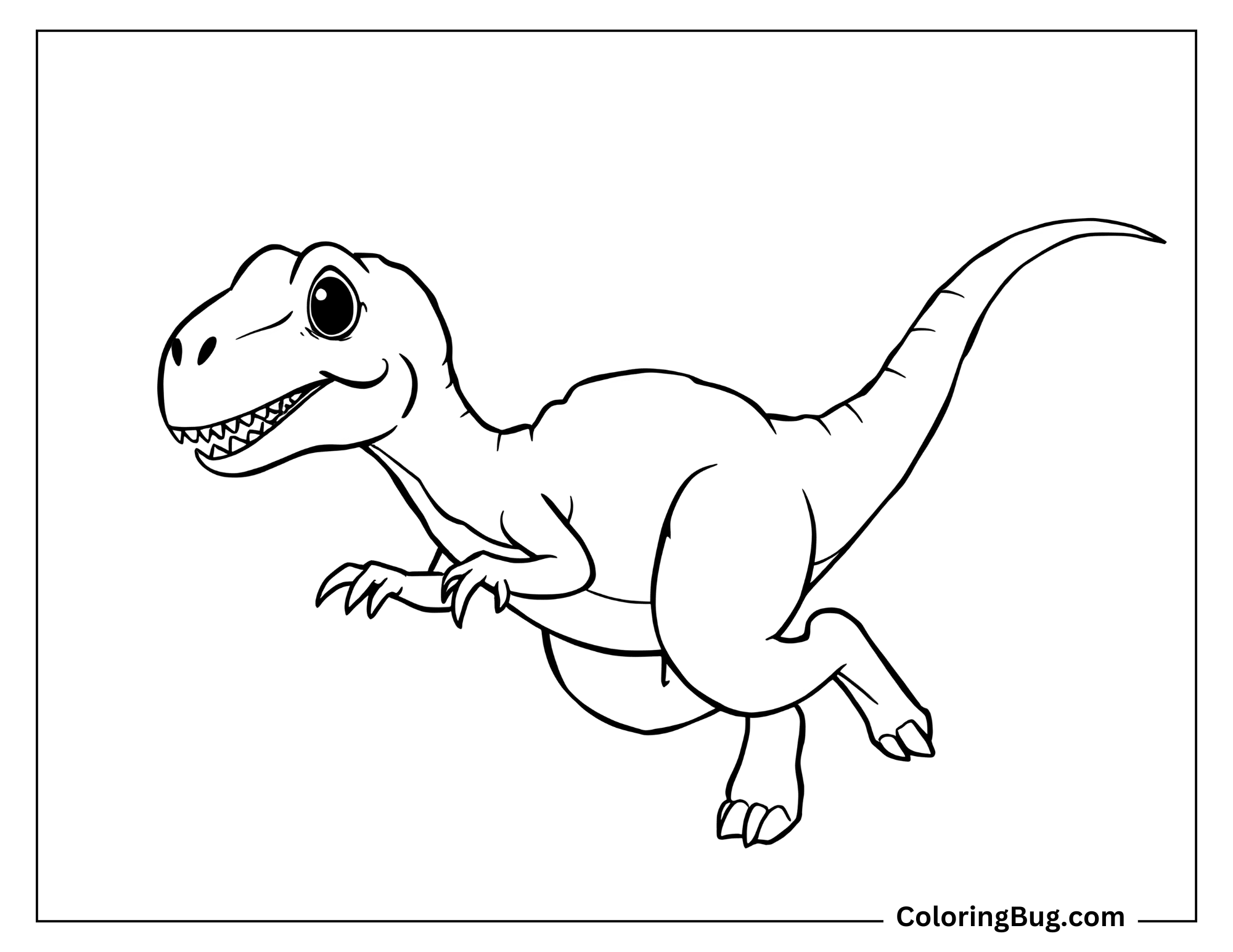 A cute, kawaii-style Velociraptor in a playful running pose, with big, round eyes and a happy expression.