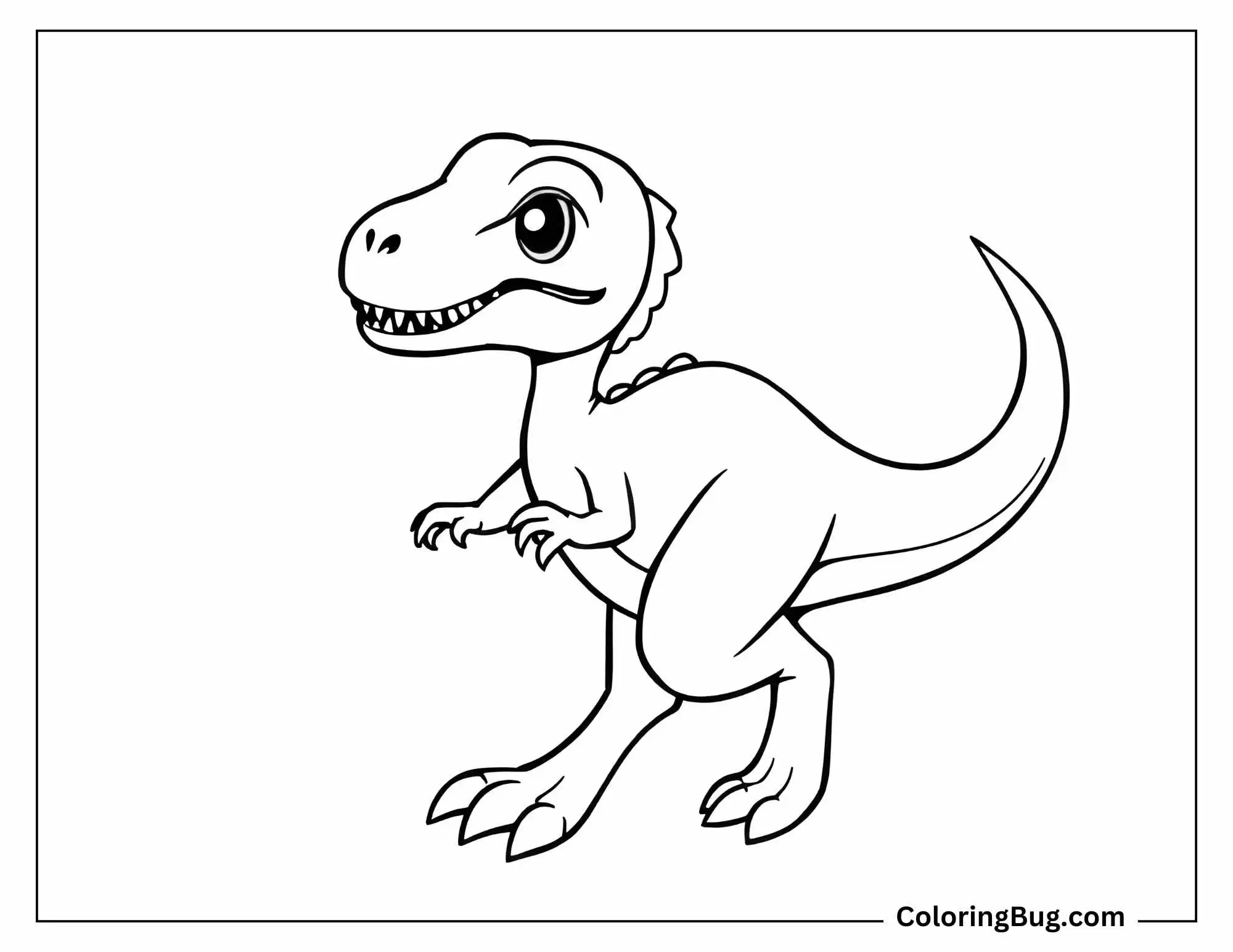 Coloring page of a kawaii-style Velociraptor with large, expressive eyes and a friendly smile. The Velociraptor has a simplified, rounded body with cute proportions, giving it a playful and approachable look.