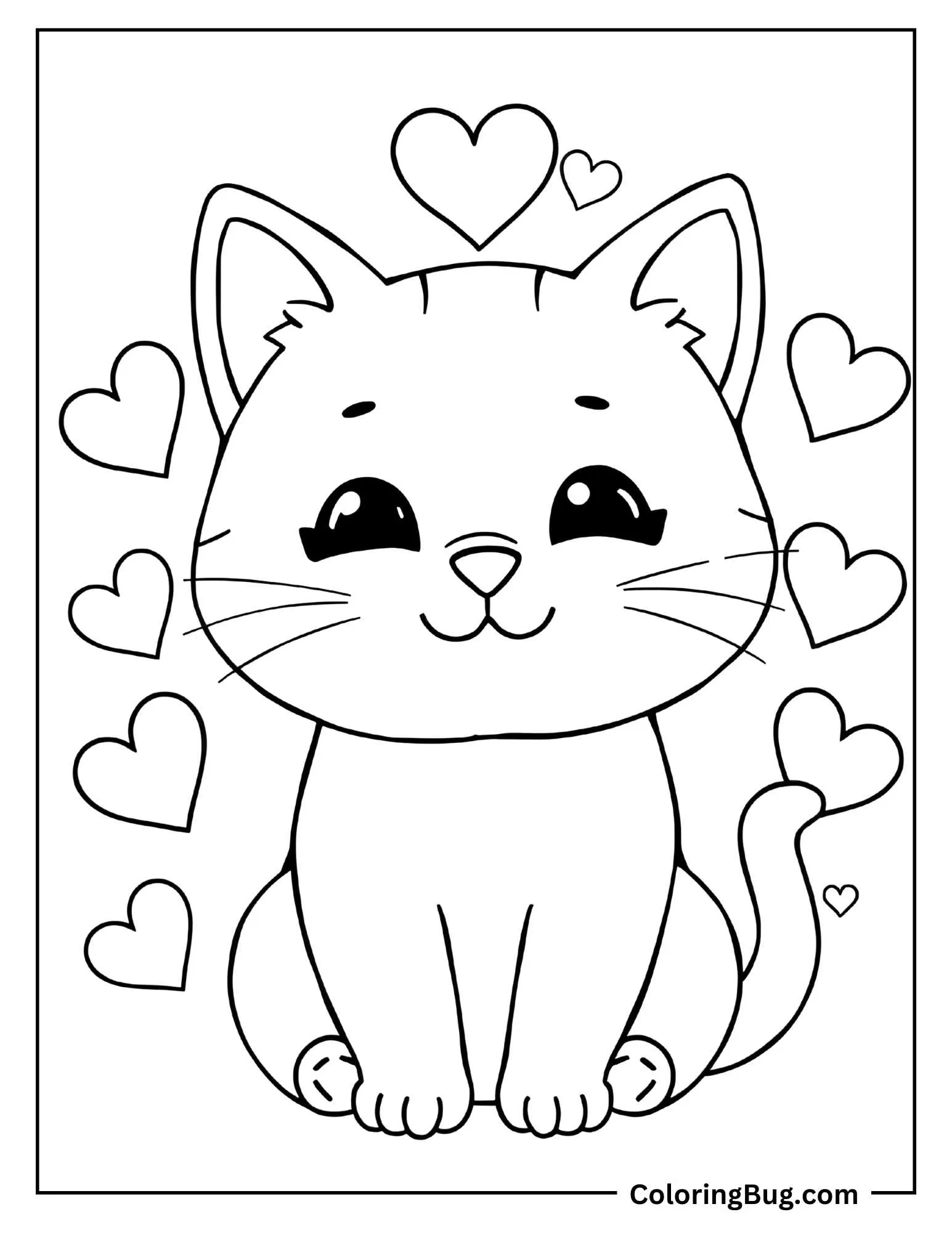 Kawaii kitten with Hearts coloring sheet