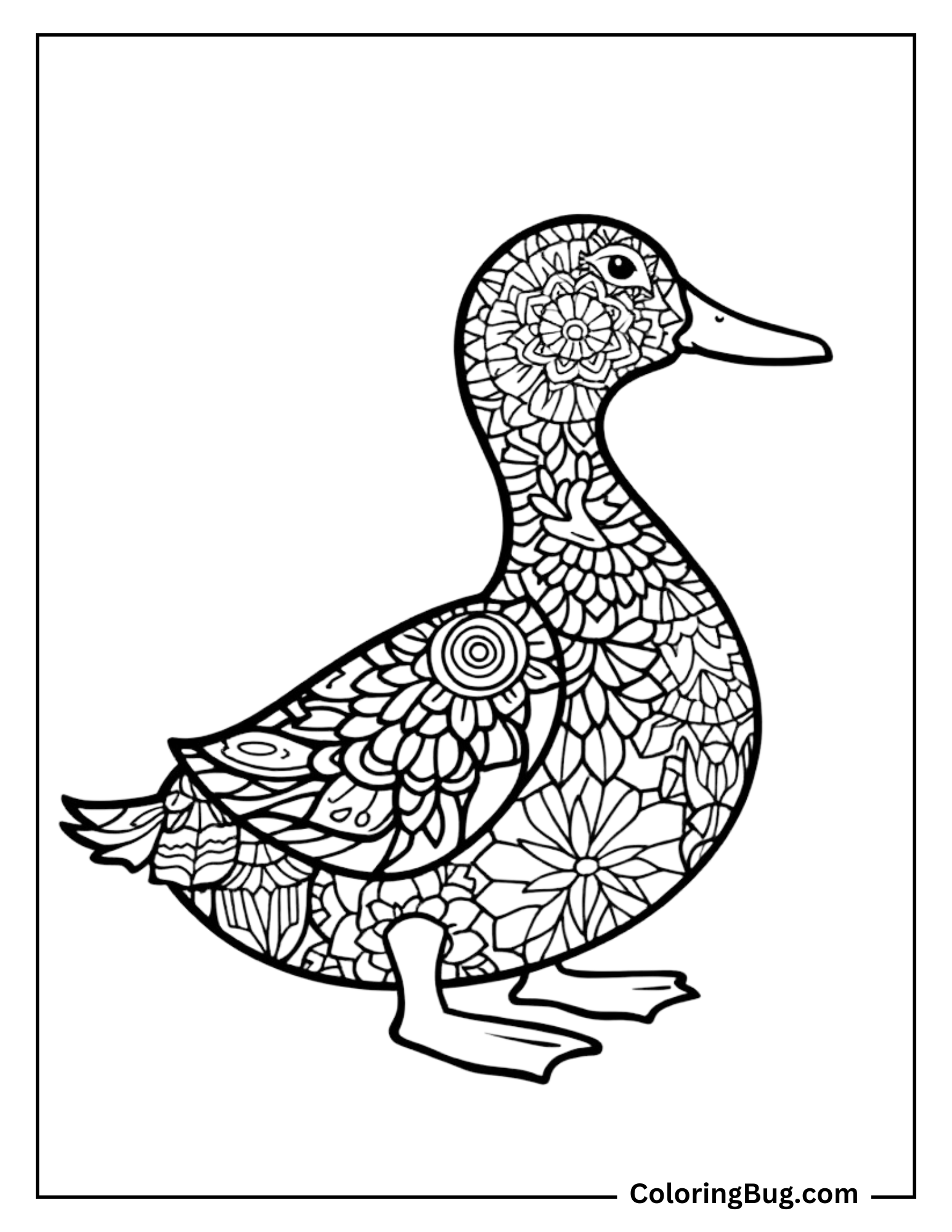 Coloring page of a duck filled with intricate mandala designs. The body, head, and wings are decorated with elaborate floral and geometric patterns, creating a beautiful, stylized effect.