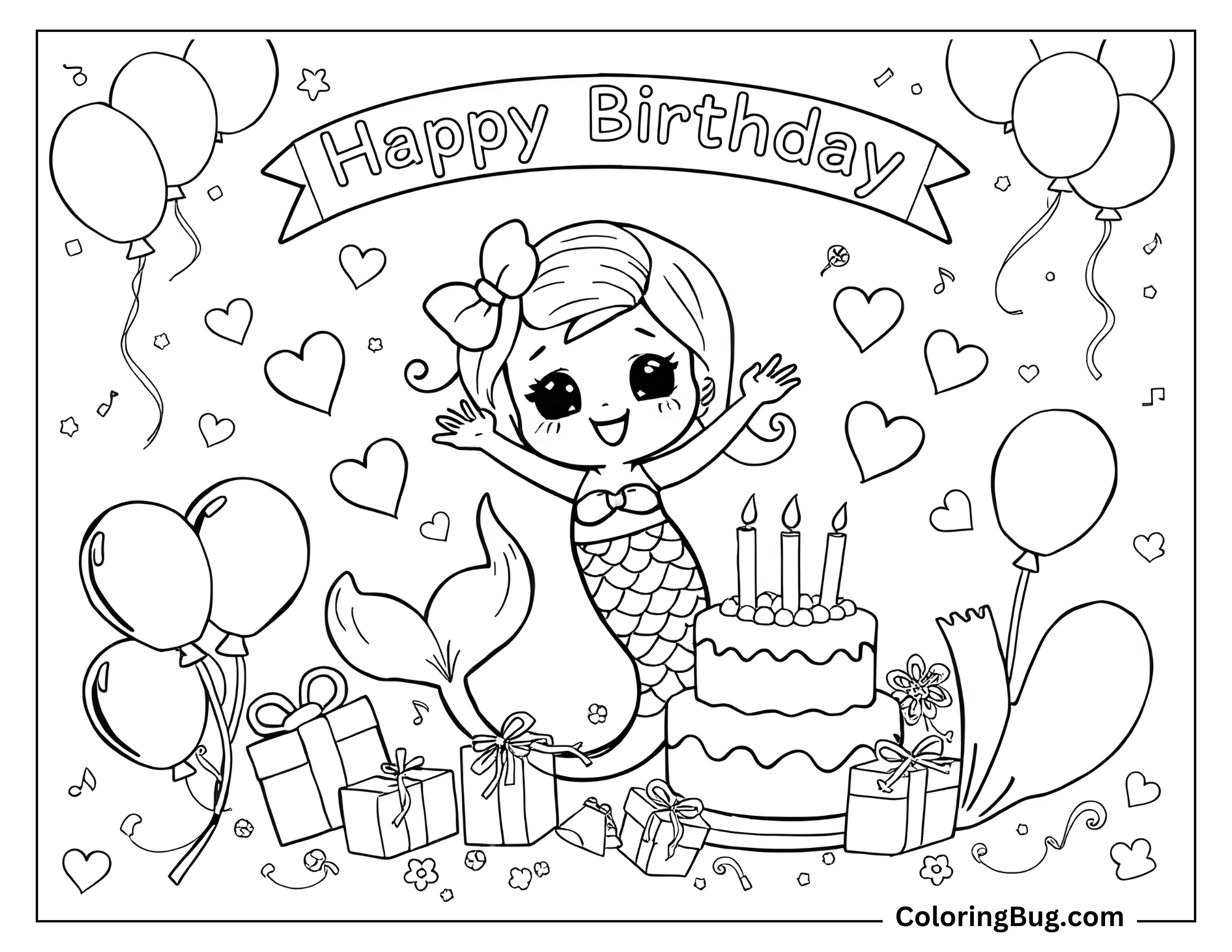 Coloring page of a cute mermaid celebrating a birthday with balloons, gifts, and a cake topped with candles, under a 'Happy Birthday' banner.
