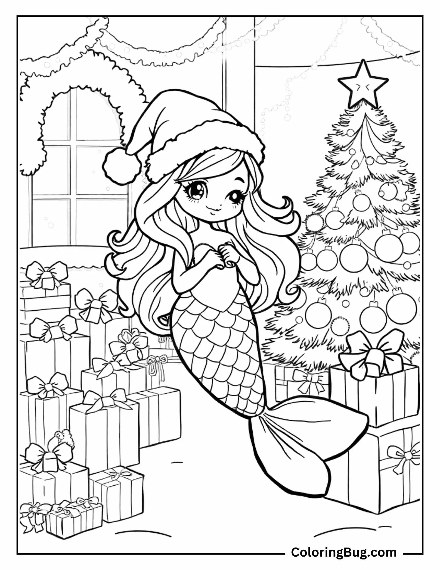 Coloring page of a cute mermaid wearing a Santa hat, surrounded by Christmas presents and a decorated tree with a star on top. She stands in a festive room adorned with garlands and holiday decorations.