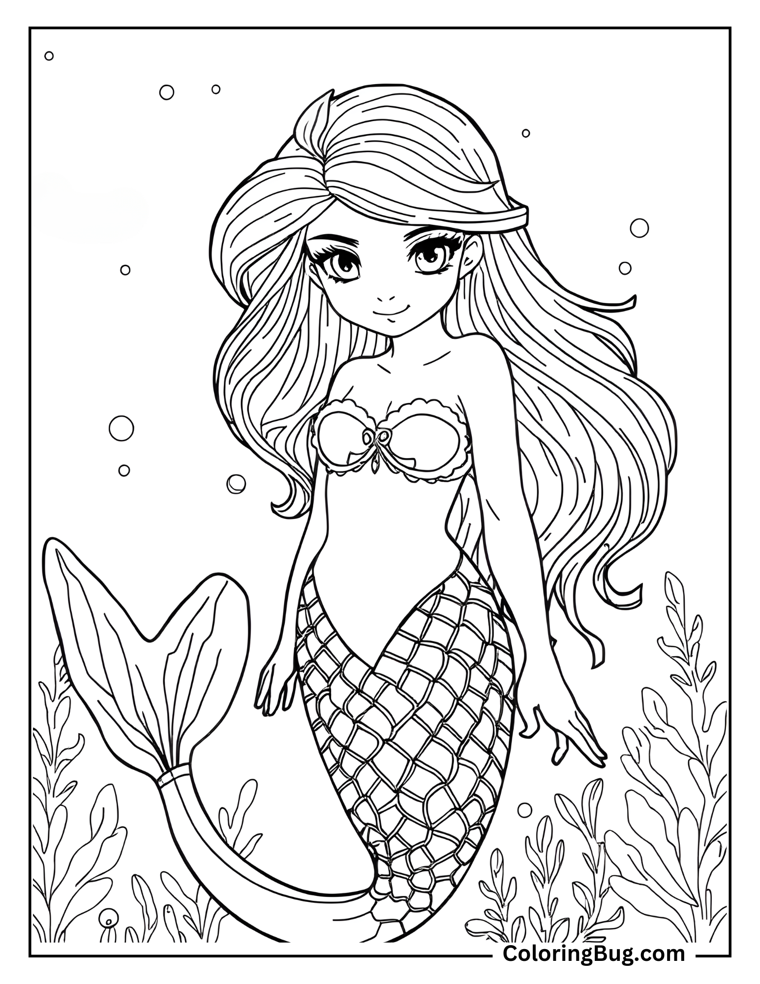 Coloring page of a close-up of a beautiful mermaid with flowing hair, intricate tail details, and underwater plants.