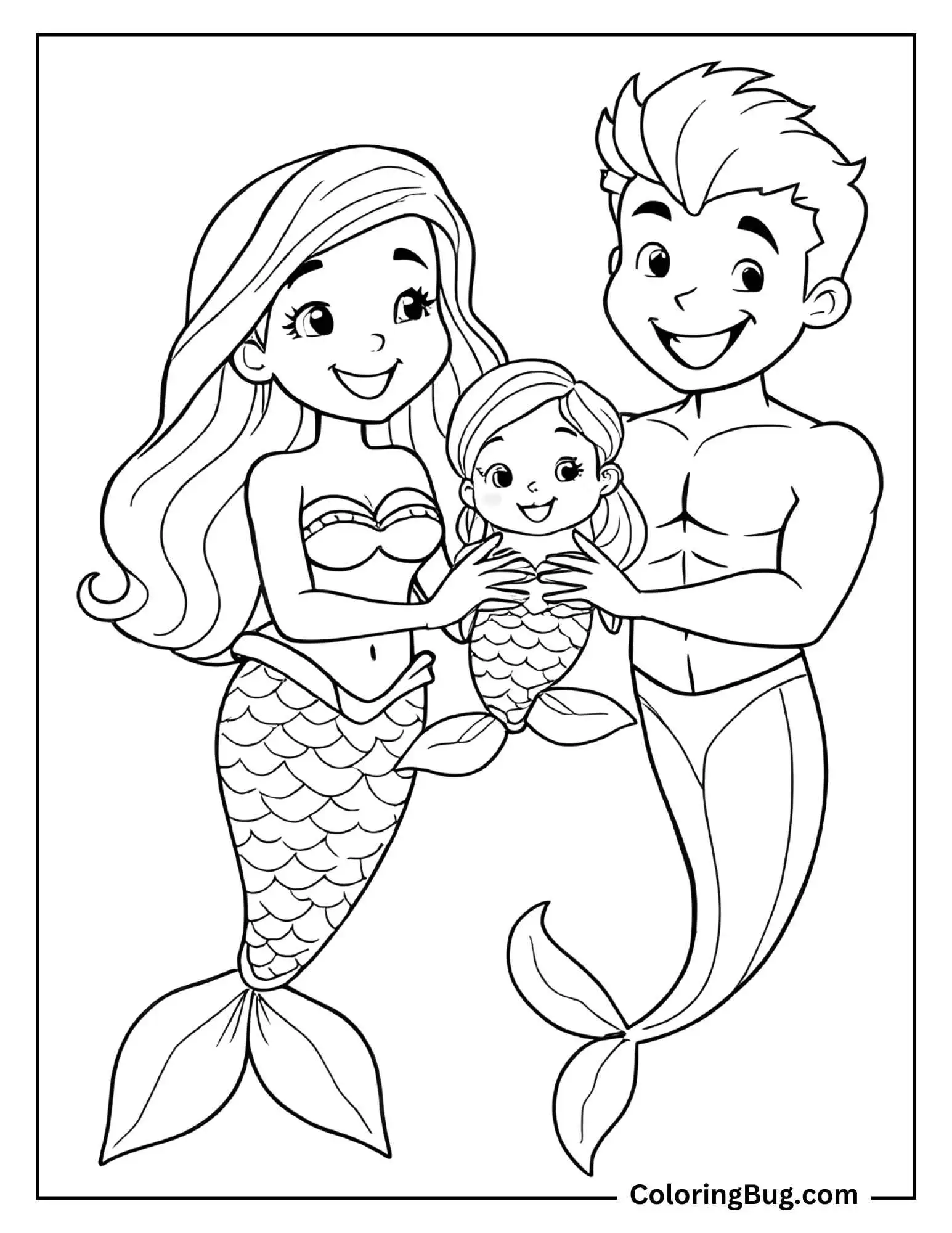 Coloring page featuring a happy mermaid family with mother, father, and their baby mermaid, creating a sweet family scene under the sea.
