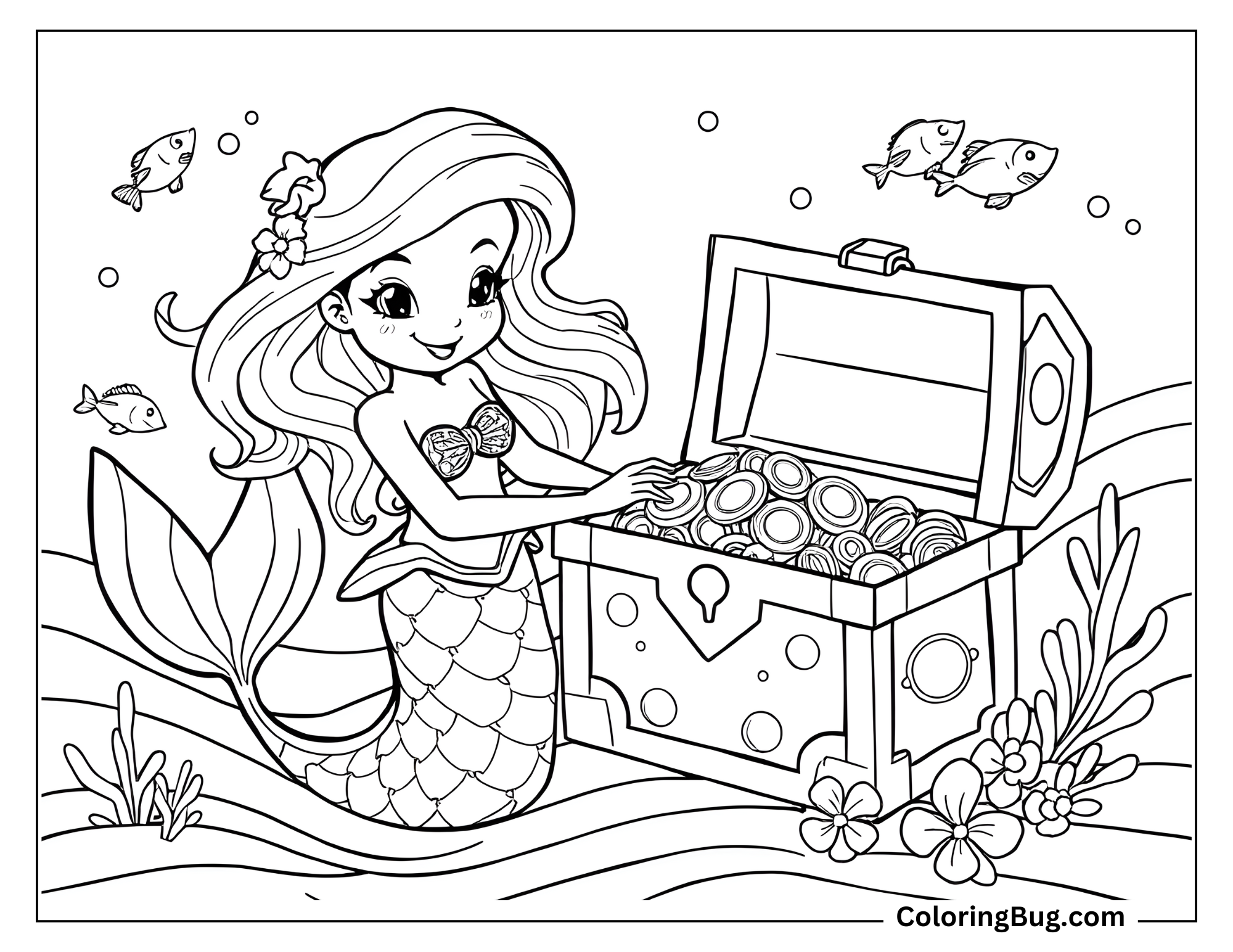 Coloring page that features a cheerful mermaid discovering an open treasure chest filled with coins. She is surrounded by underwater plants and fish, with gentle waves and bubbles completing the scene.