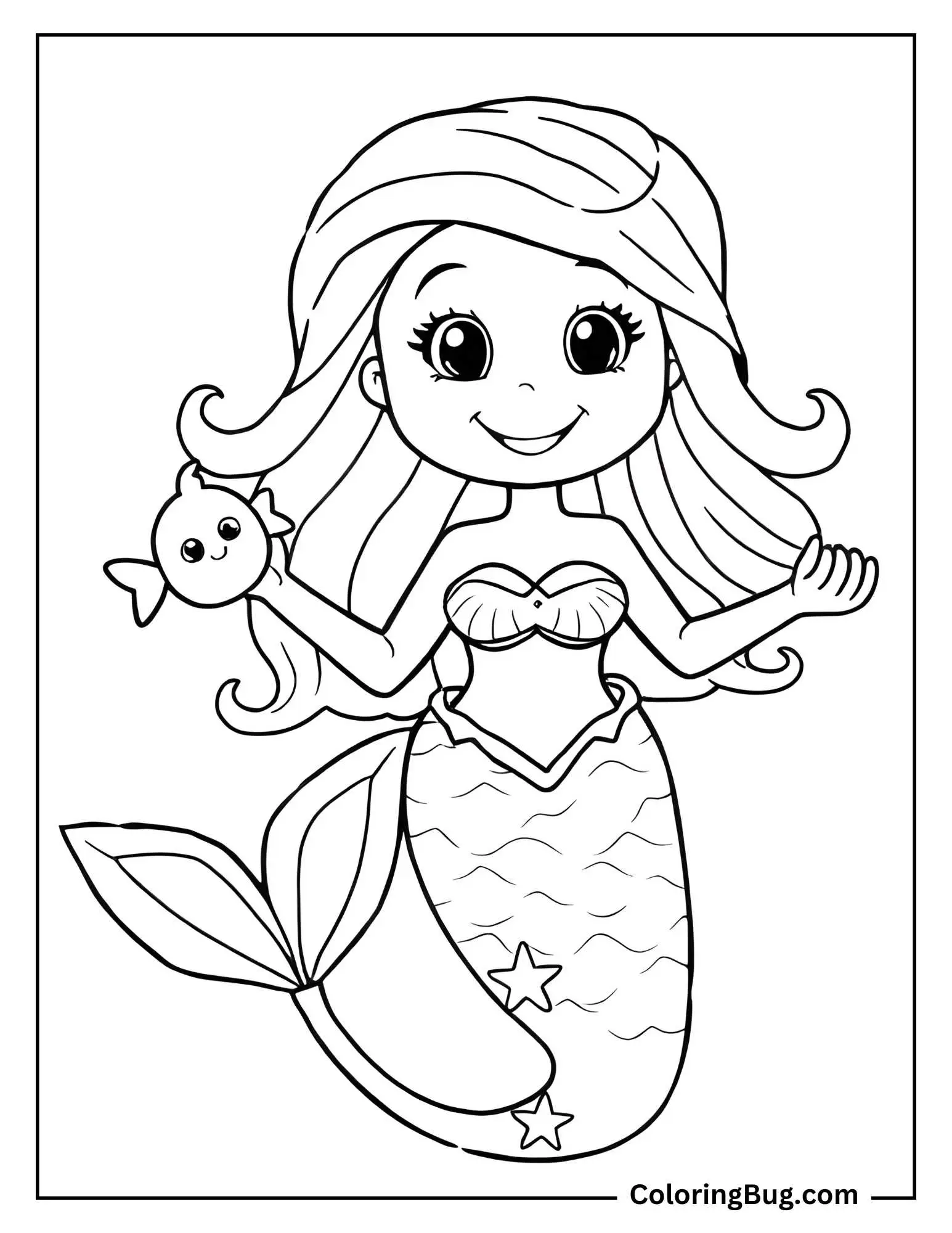 Coloring page that features a cheerful mermaid holding a small, friendly-looking fish. The mermaid has a big smile, flowing hair, and a simple tail with starfish decorations.